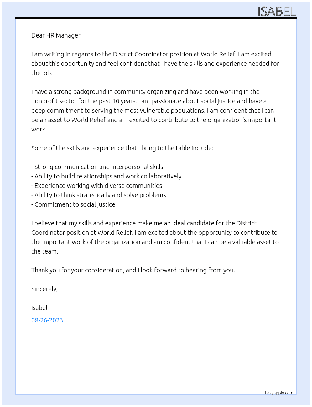 District Coordinator  At World Relief Cover Letter