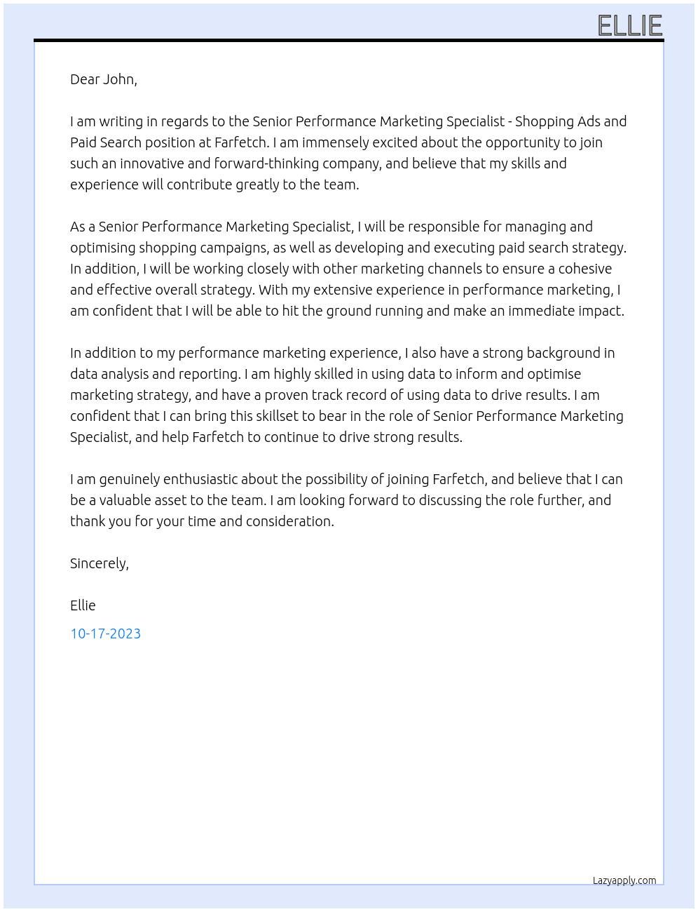 Senior Performance Marketing Specialist - Shopping Ads and Paid Search At Farfetch Cover Letter