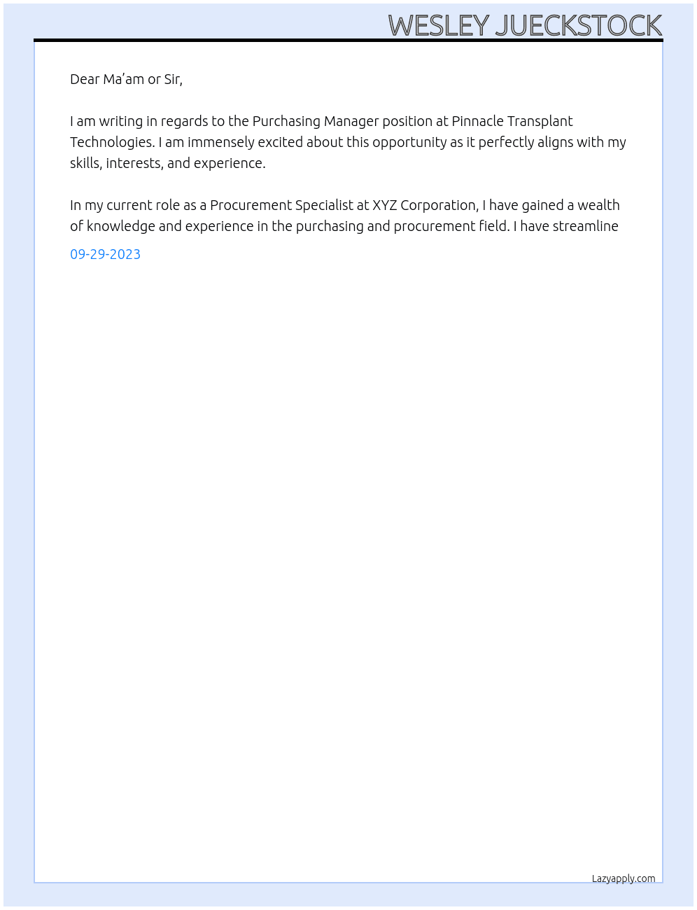 Purchasing Manager At Pinnacle Transplant Technologies Cover Letter