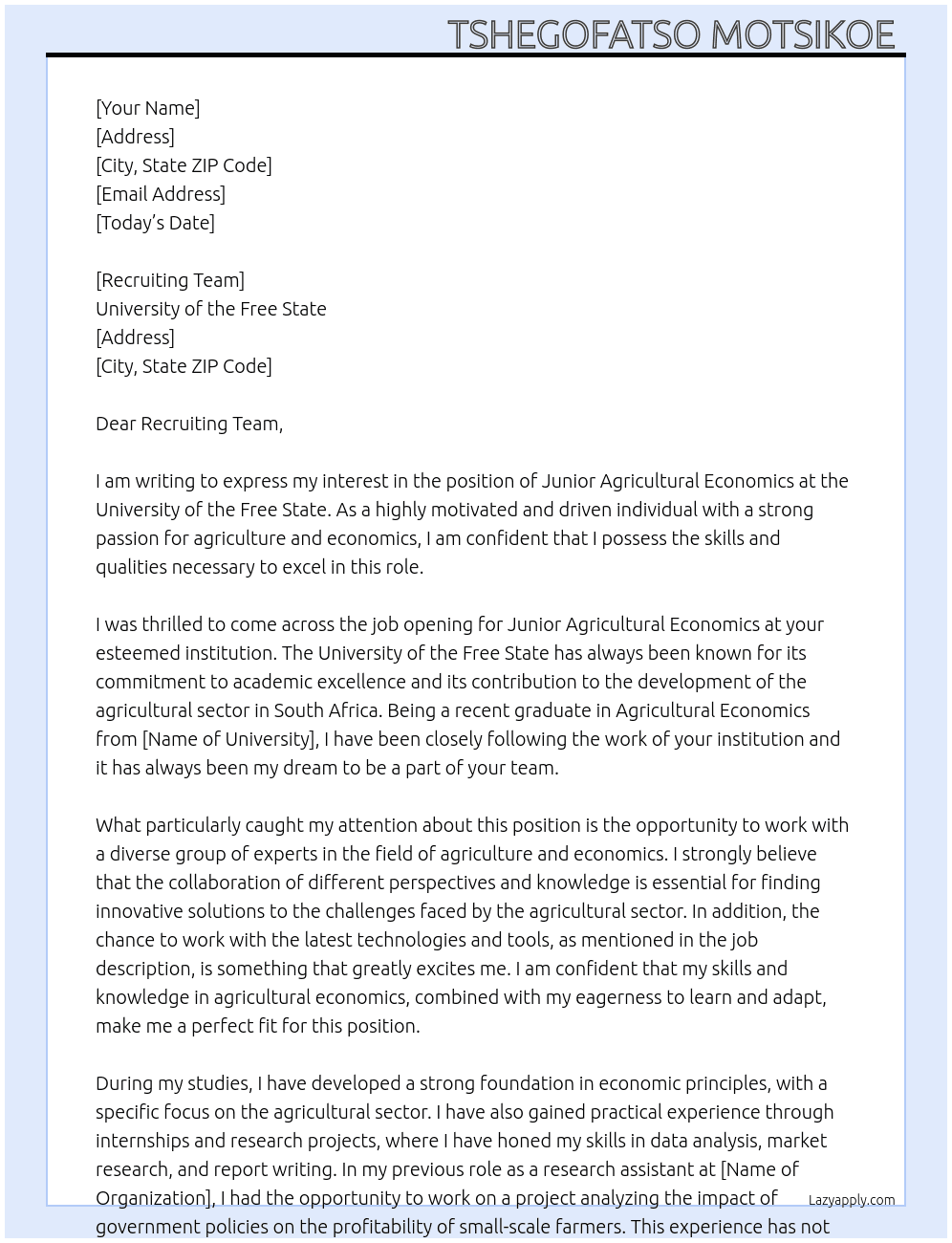 Junior Agicultural Economics  At University of the Free State  Cover Letter