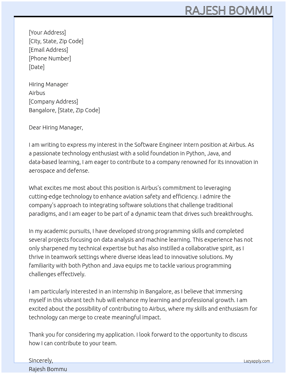 Software engineer intern At Airbus Cover Letter