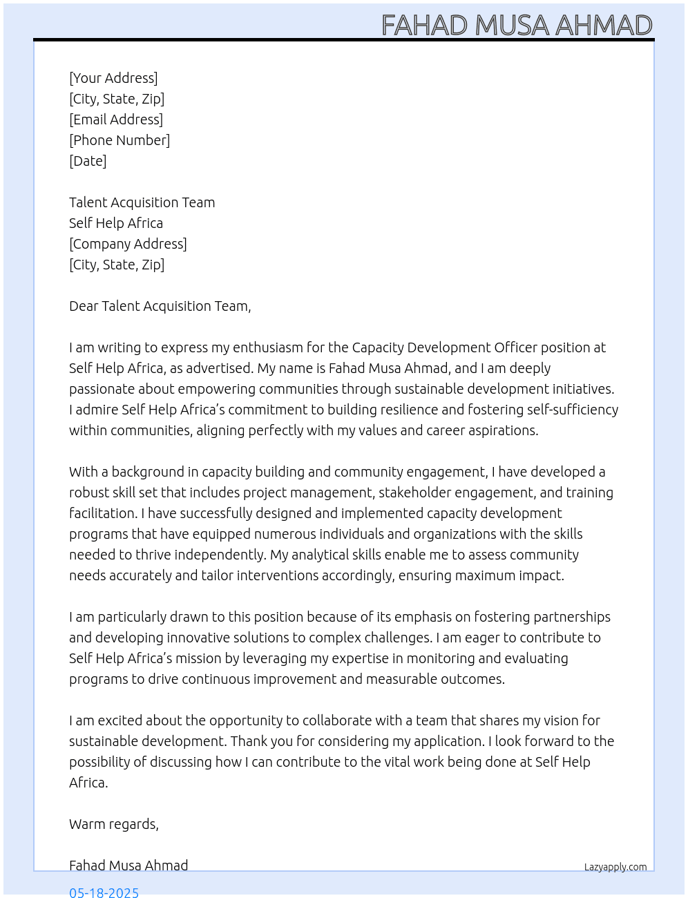 Capacity Development Officer At Self Help Africa Cover Letter