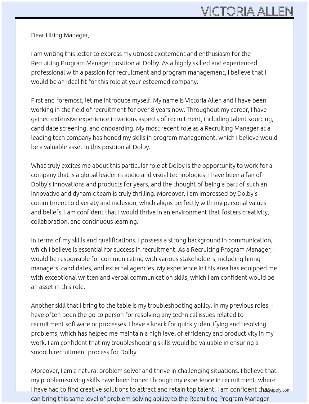 Recruiting Program Manager At Dolby Cover Letter