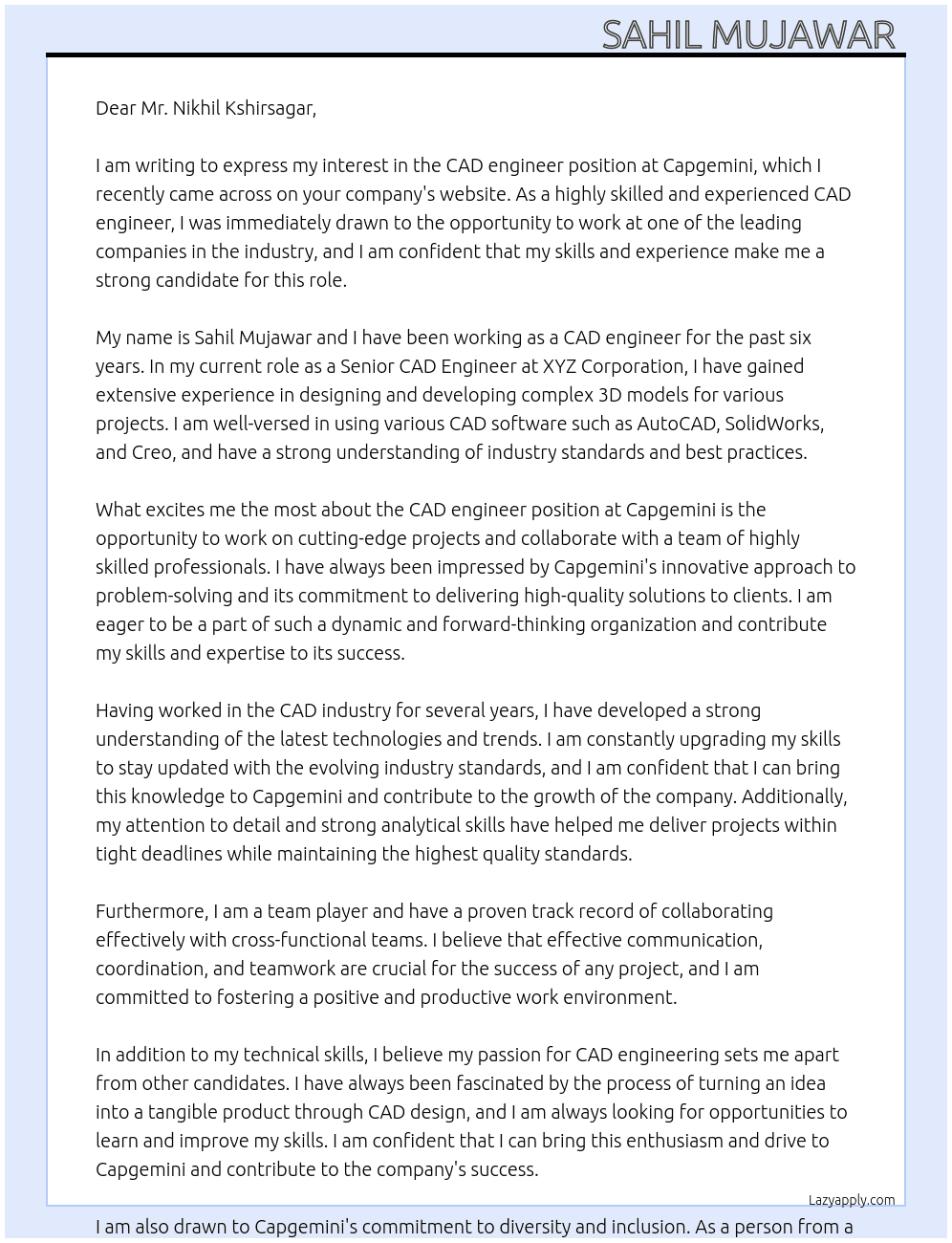 CAD engineer At capgemimi Cover Letter