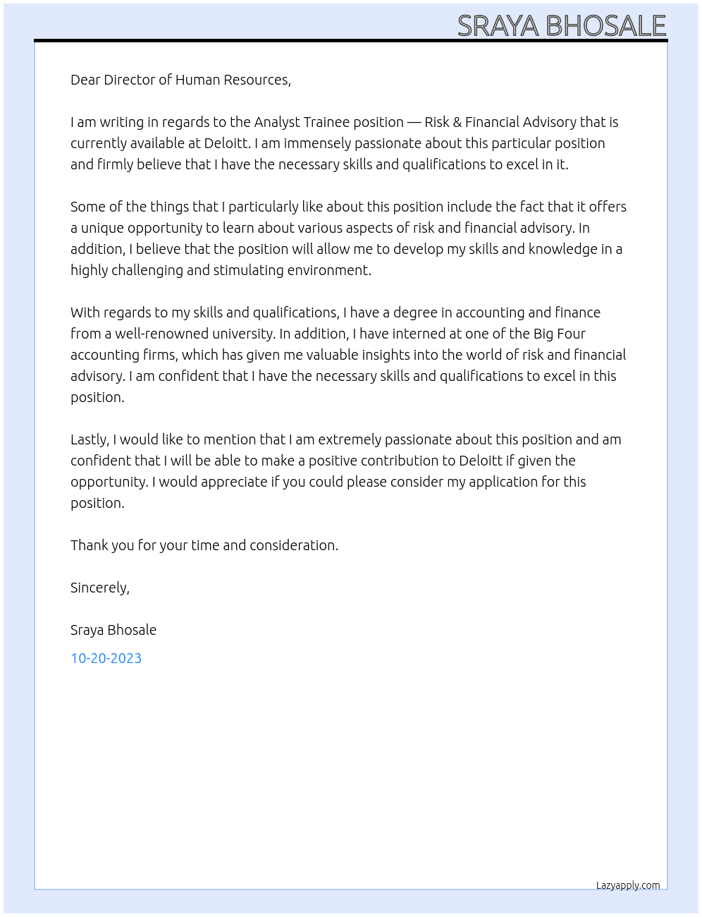 Analyst Trainee — Risk & Financial Advisory At Deloitt Cover Letter