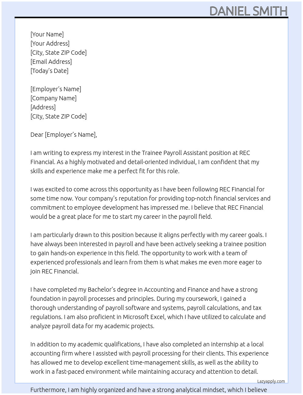 Trainee Payroll Assistant  At REC Financial Cover Letter