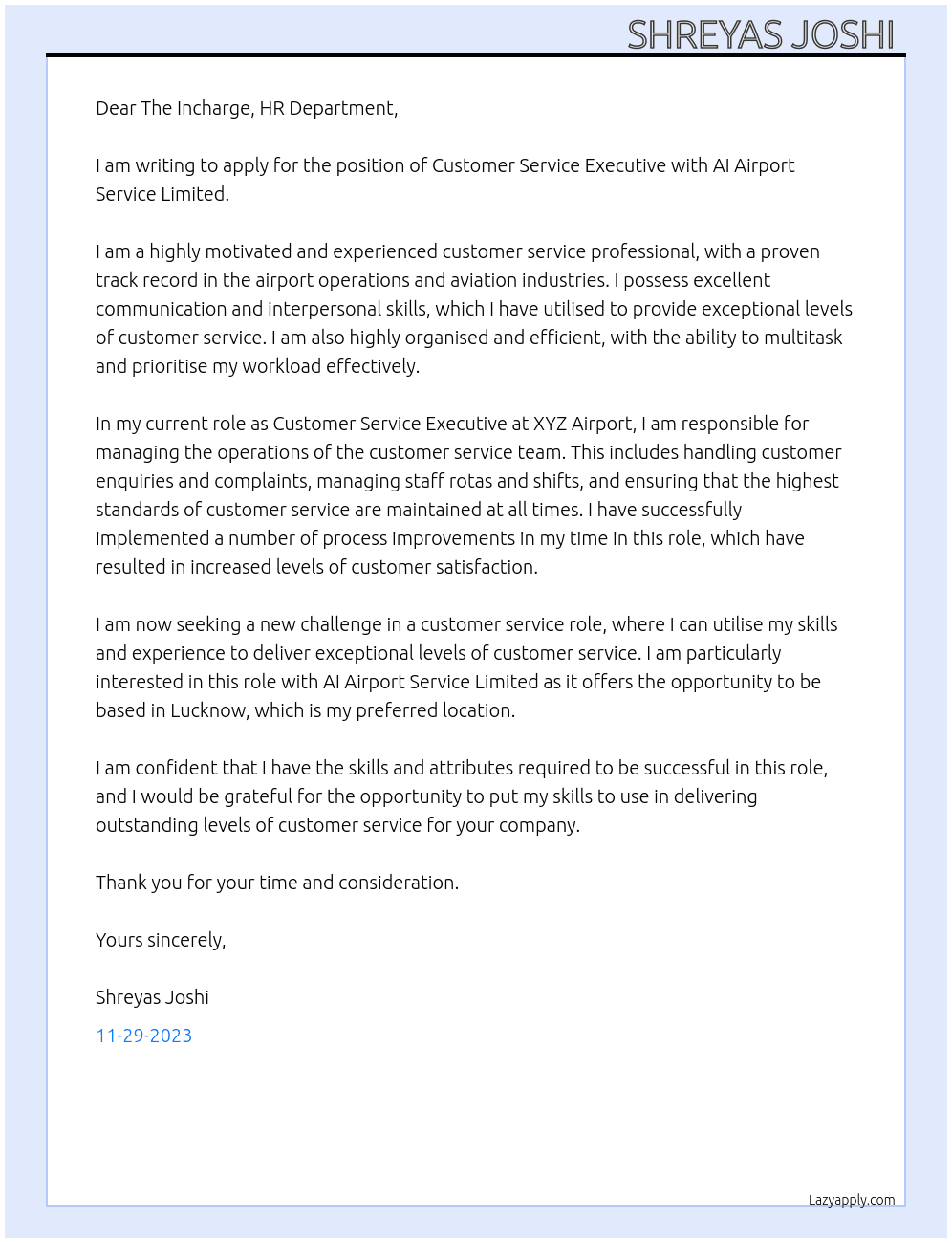 Customer Service Executive  At AI Airport Service Limited  Cover Letter
