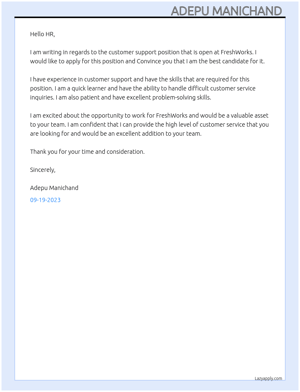 Coustomer support  At FreshWorks Cover Letter