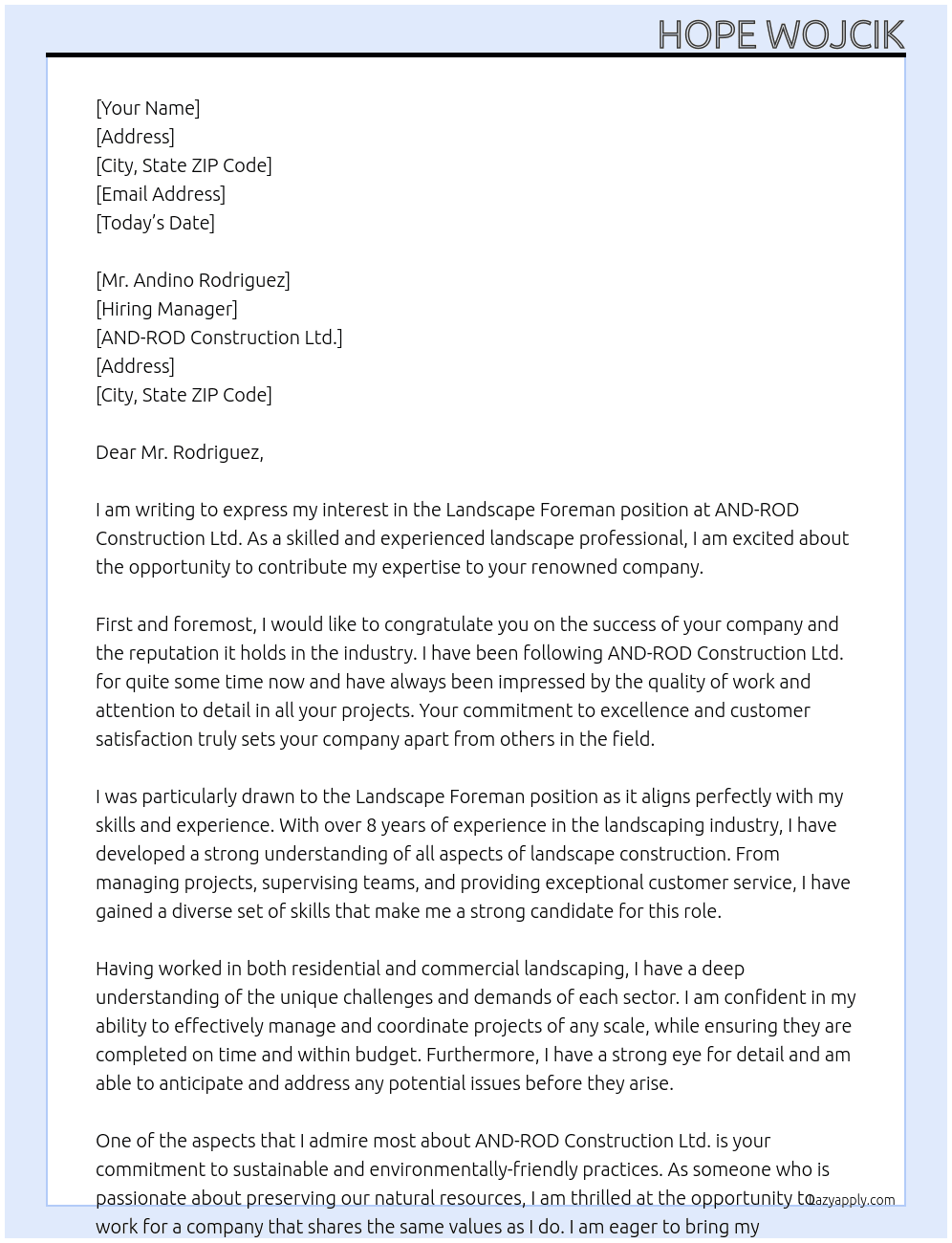 landscape foreman At AND-ROD Construction Ltd. Cover Letter