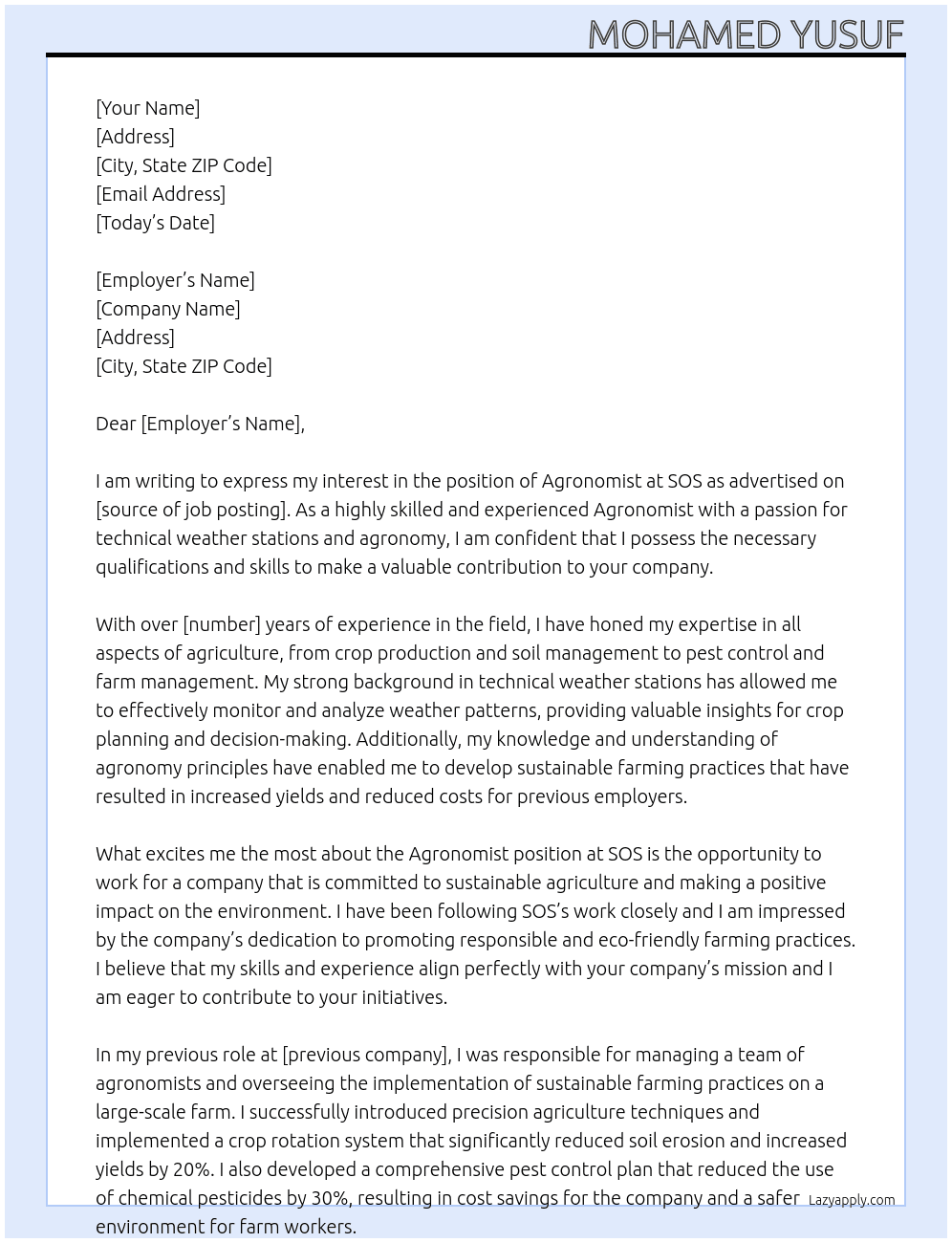 agronomist At SOS  Cover Letter