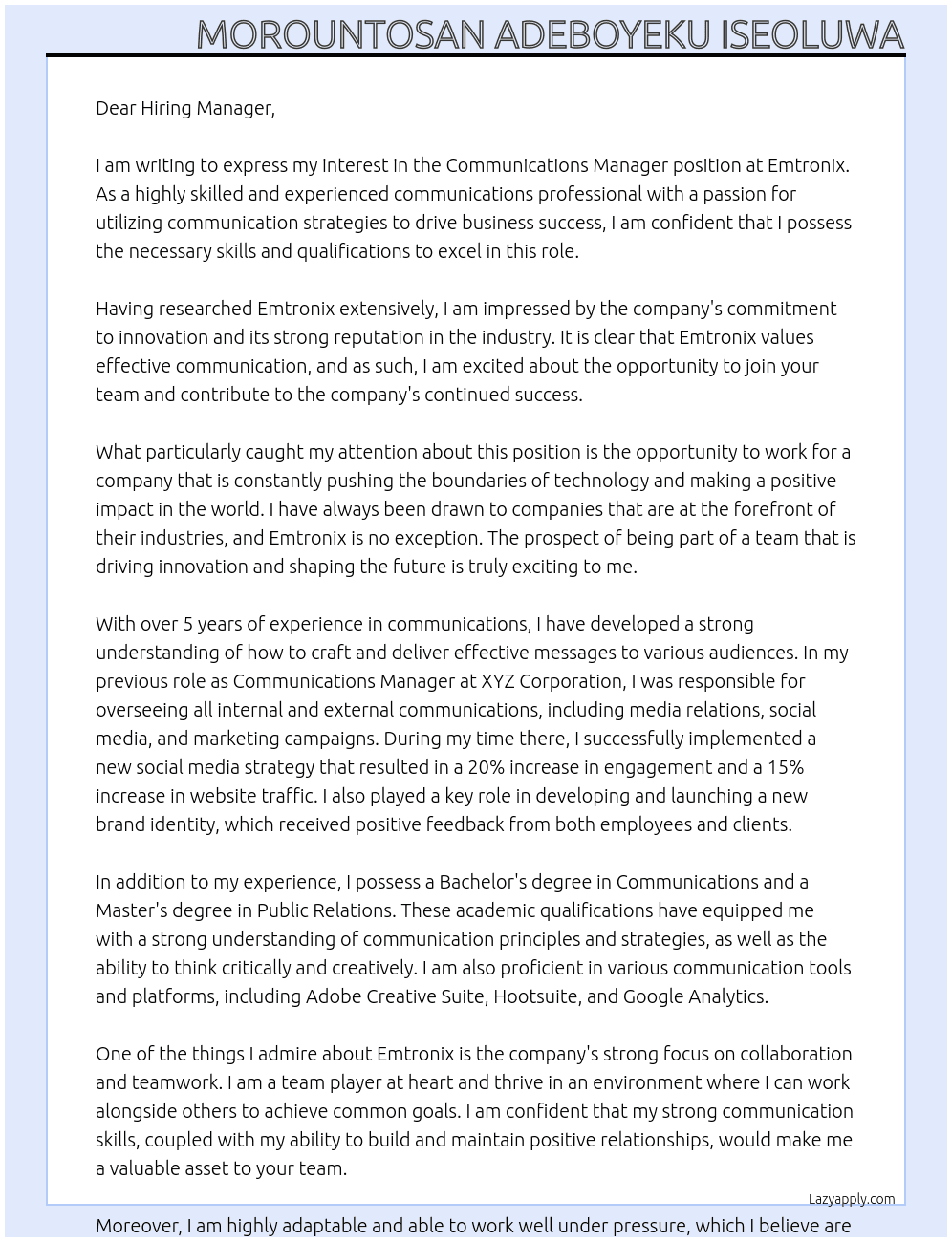 Communications Manager At Emtronix Cover Letter