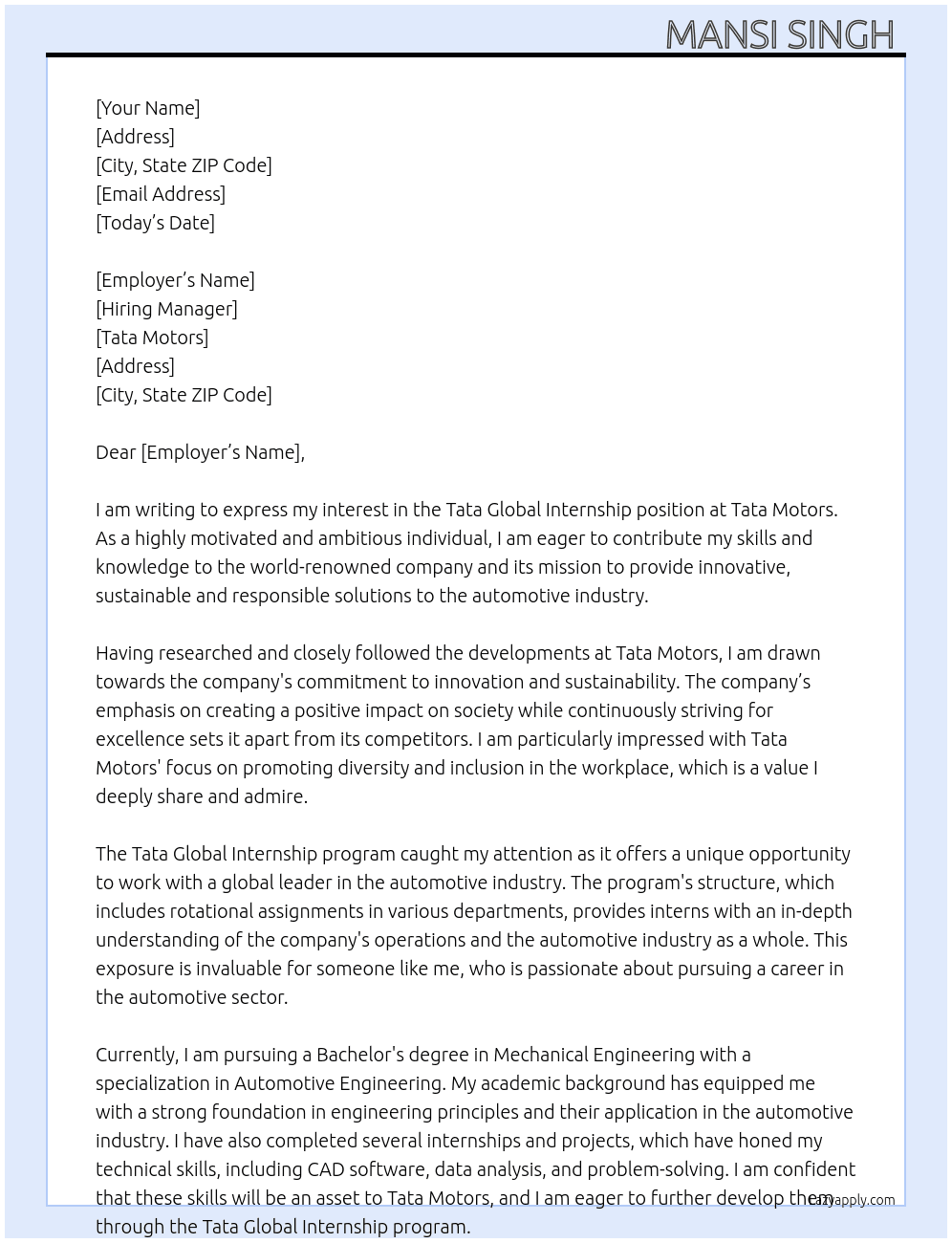 Tata Global Internship  At Tata motors  Cover Letter