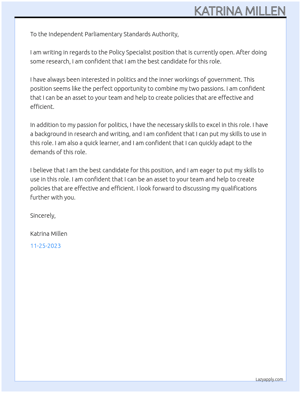 Policy Specialist At Independent Parliamentary Standards Authority Cover Letter