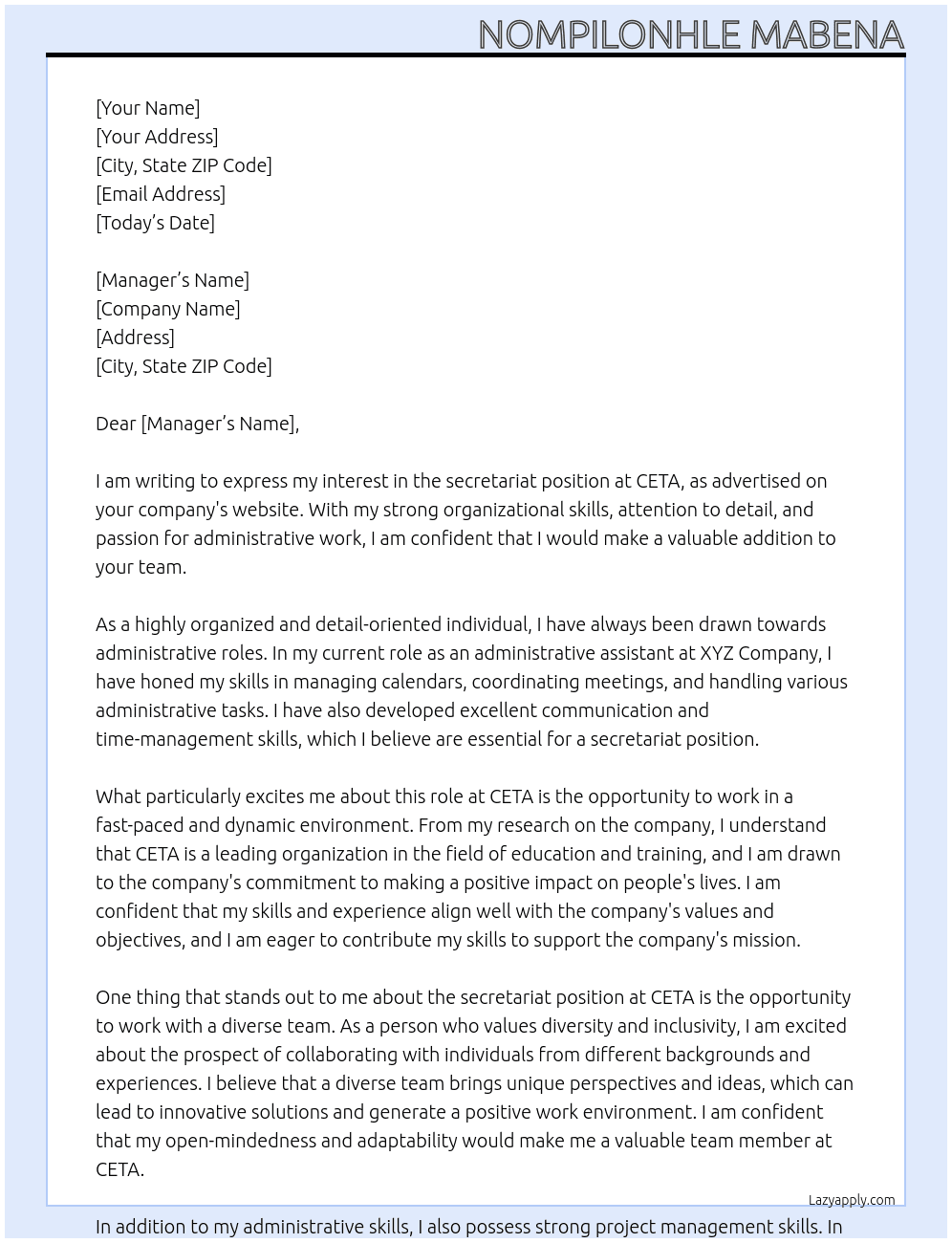 secretariat  At CETA Cover Letter