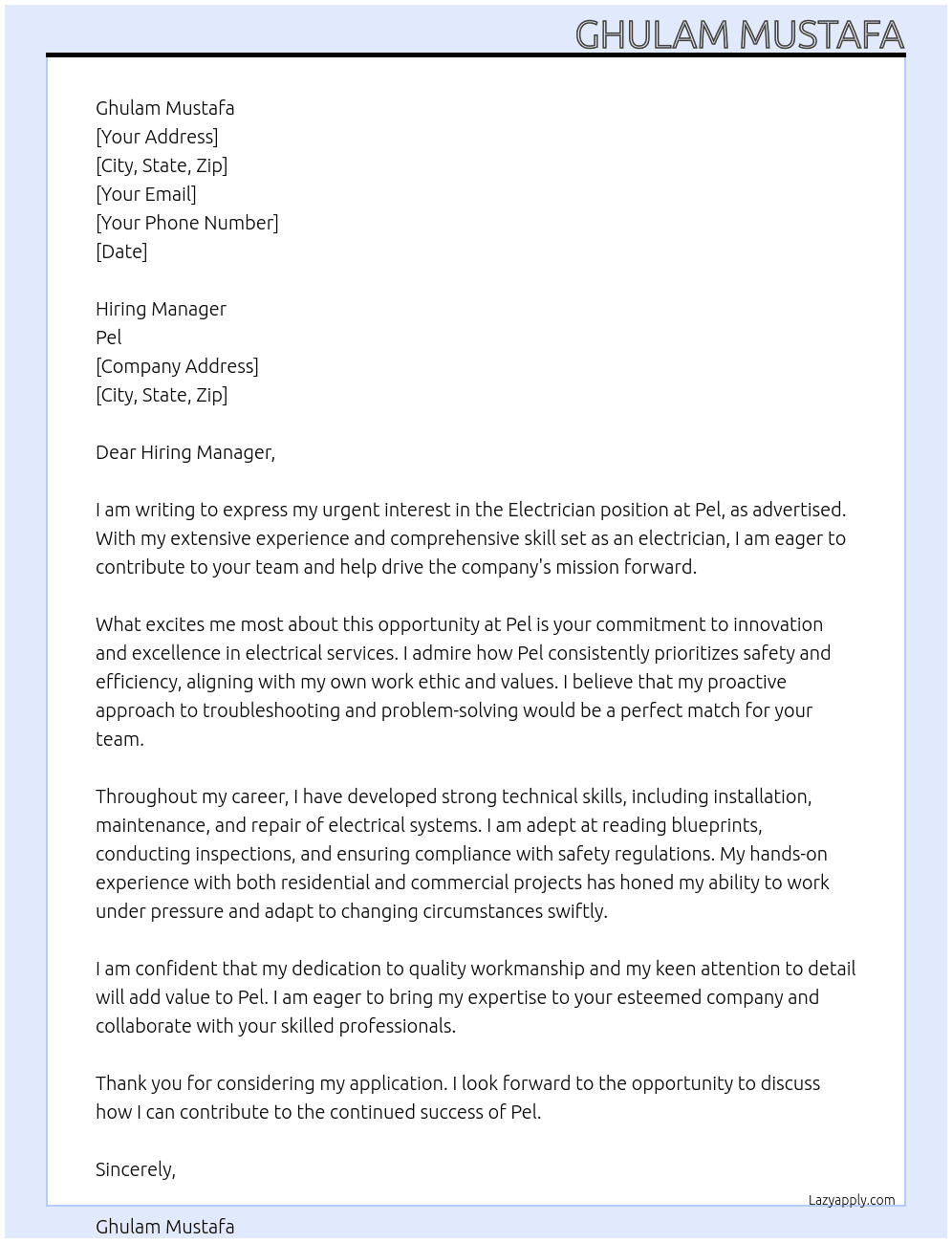Electrician At Pel Cover Letter