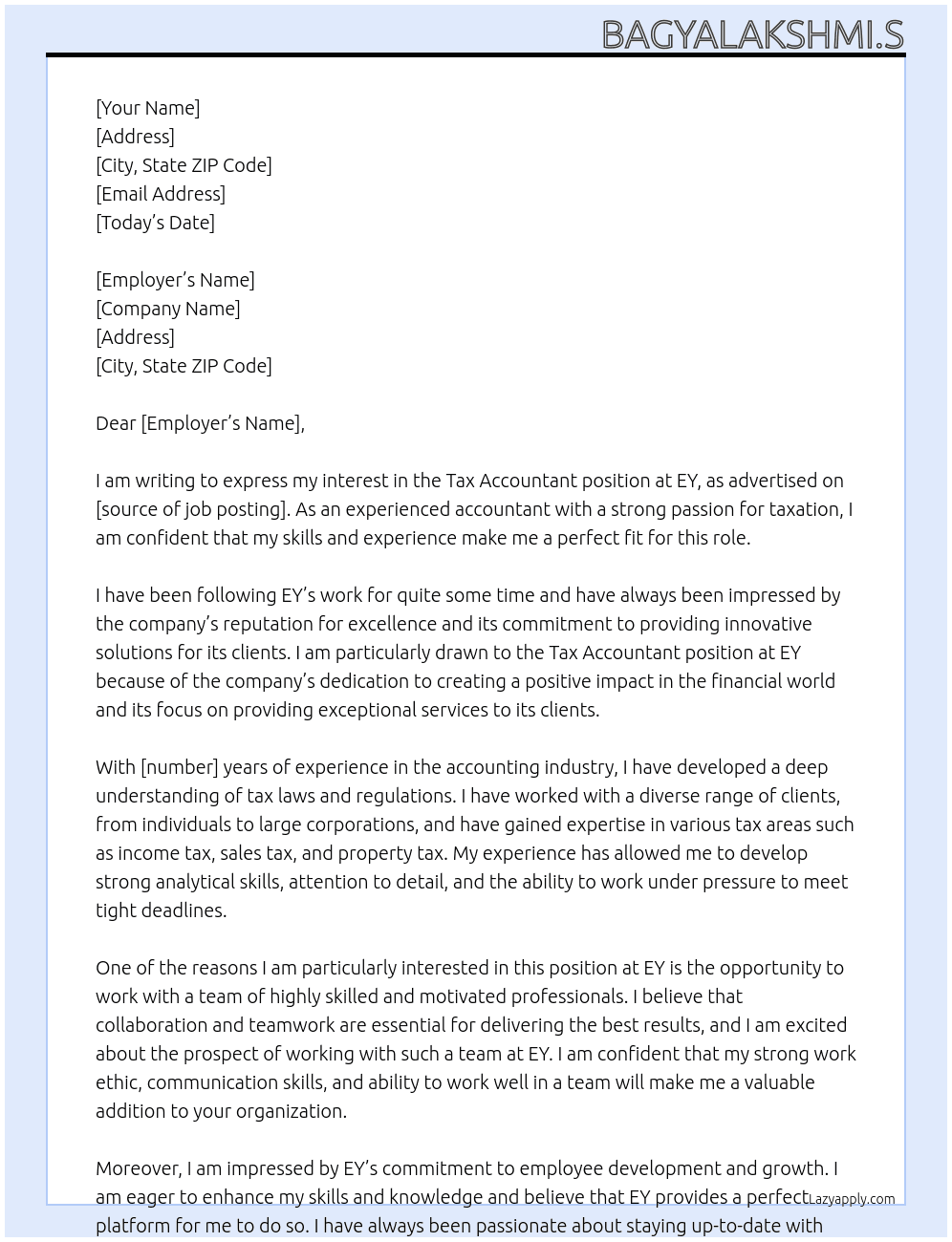 Tax accountant At EY Cover Letter