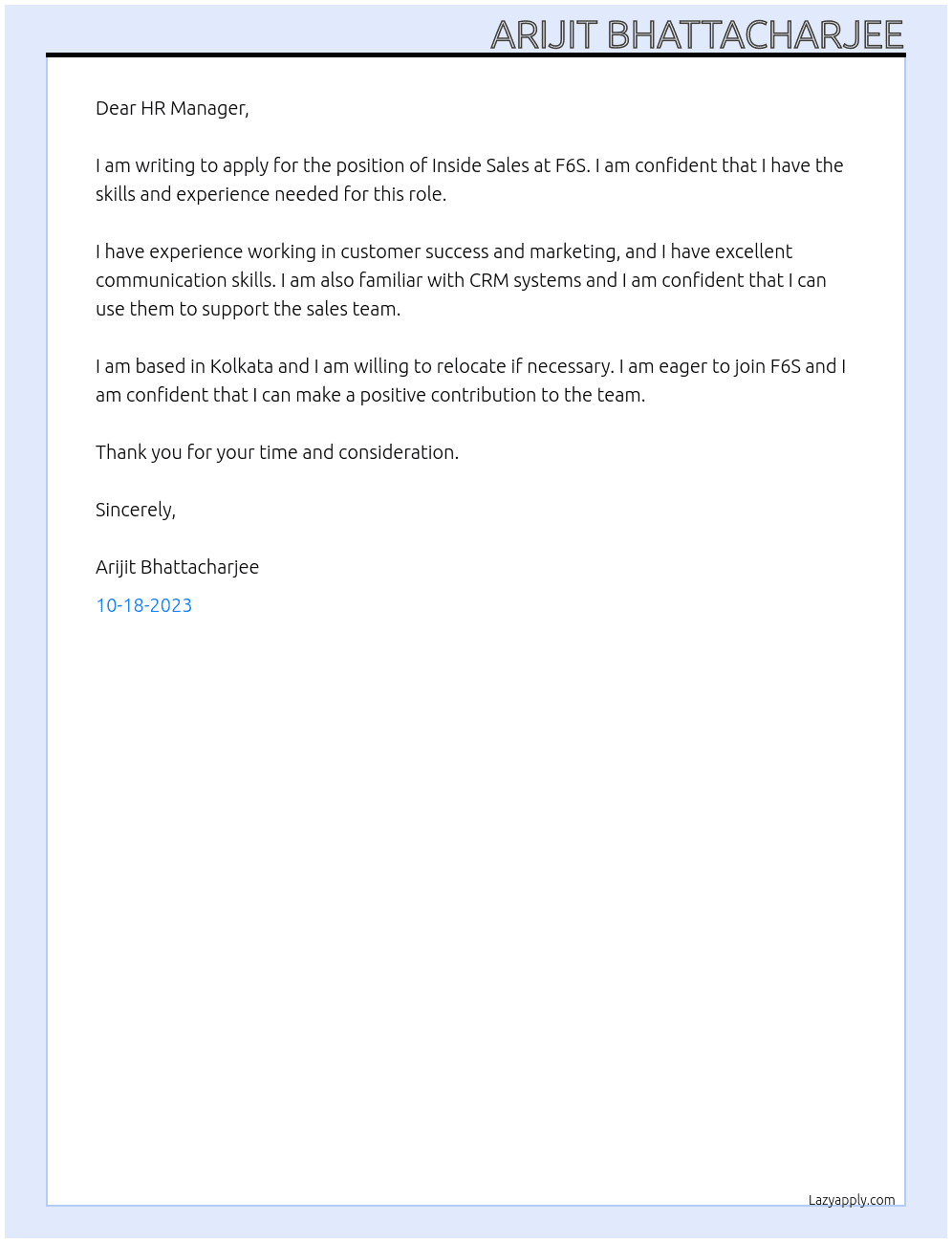 Inside Sales At F6S Cover Letter