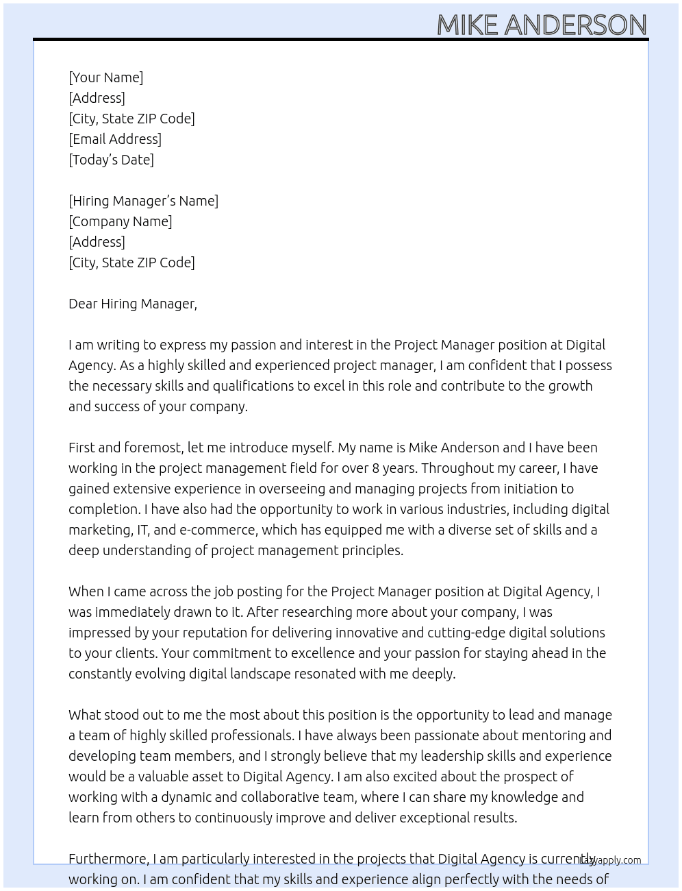 Project Manager At Digital Agency Cover Letter