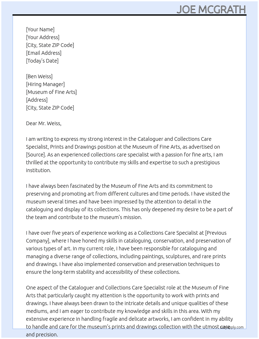 Cataloguer and Collections Care Specialist, Prints and Drawings At Museum of Fine Arts Cover Letter