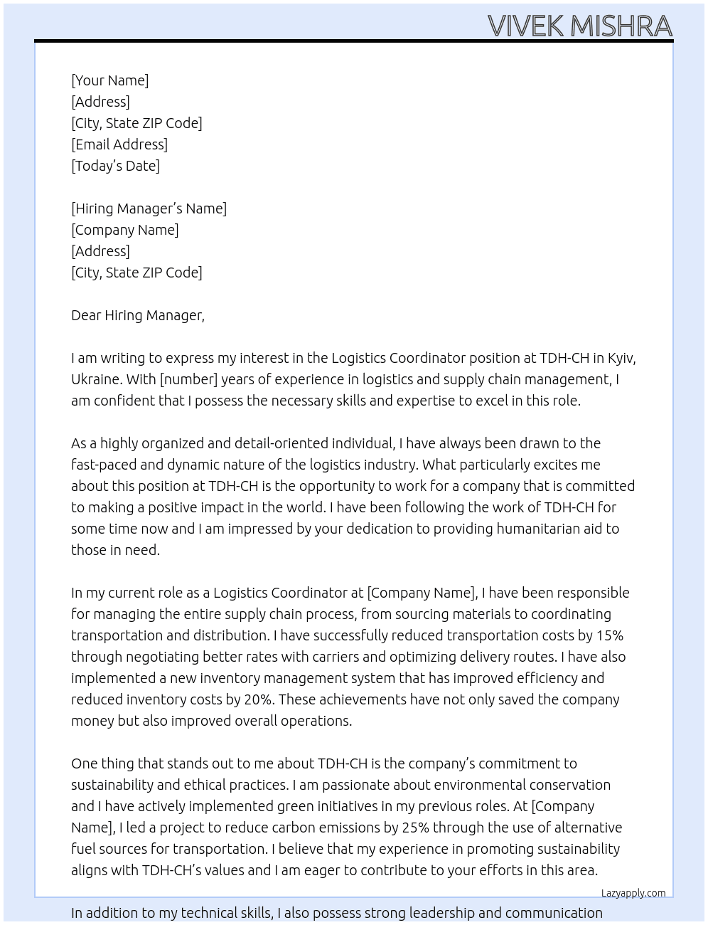 Logistics Coordinator - Kyiv, Ukraine At TDH-CH Cover Letter