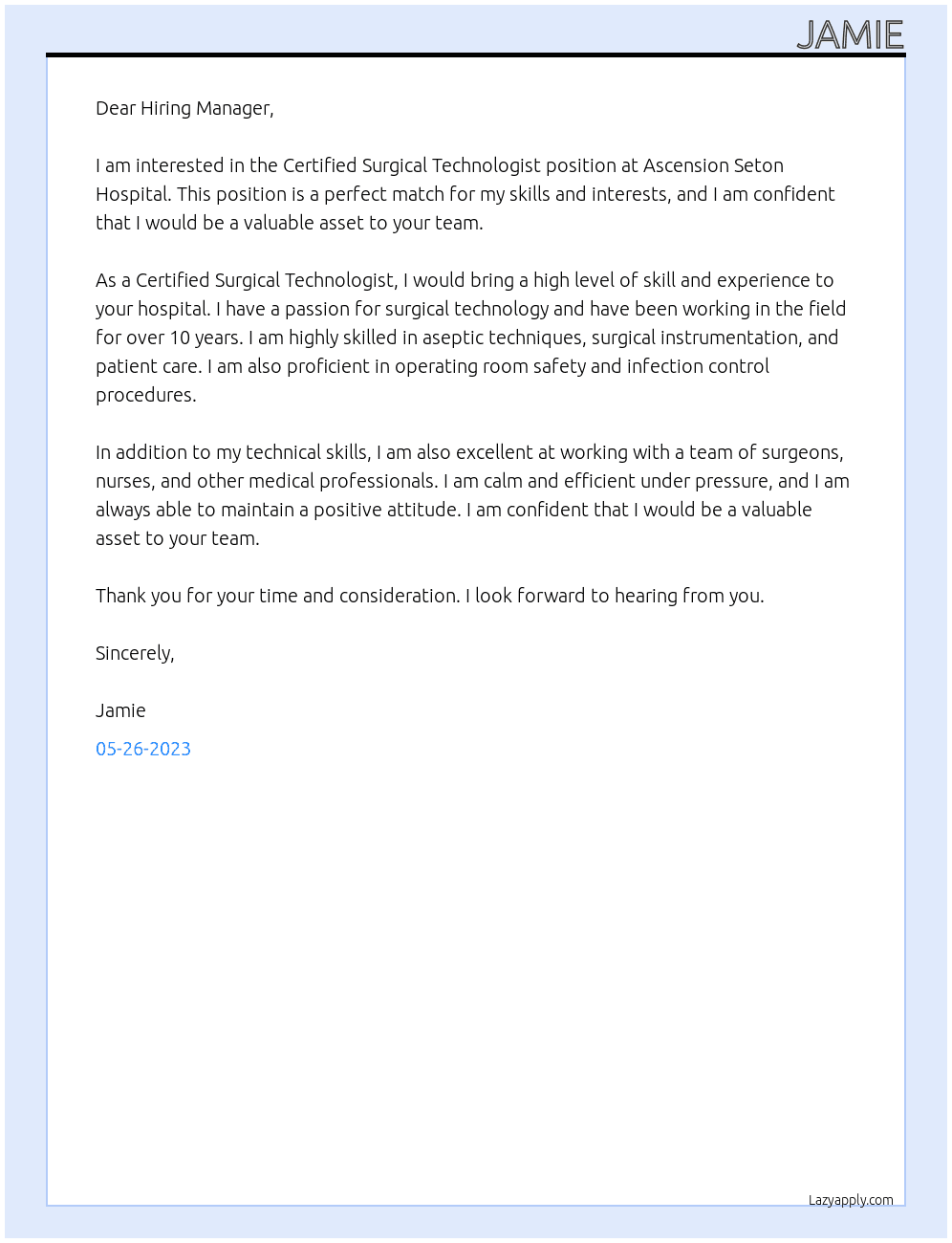 Certified Surgical Technologist At Ascension Seton Hospital Cover Letter
