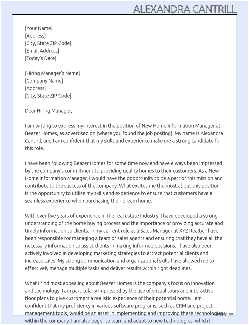 New Home Information Manager At Beazer Homes Cover Letter