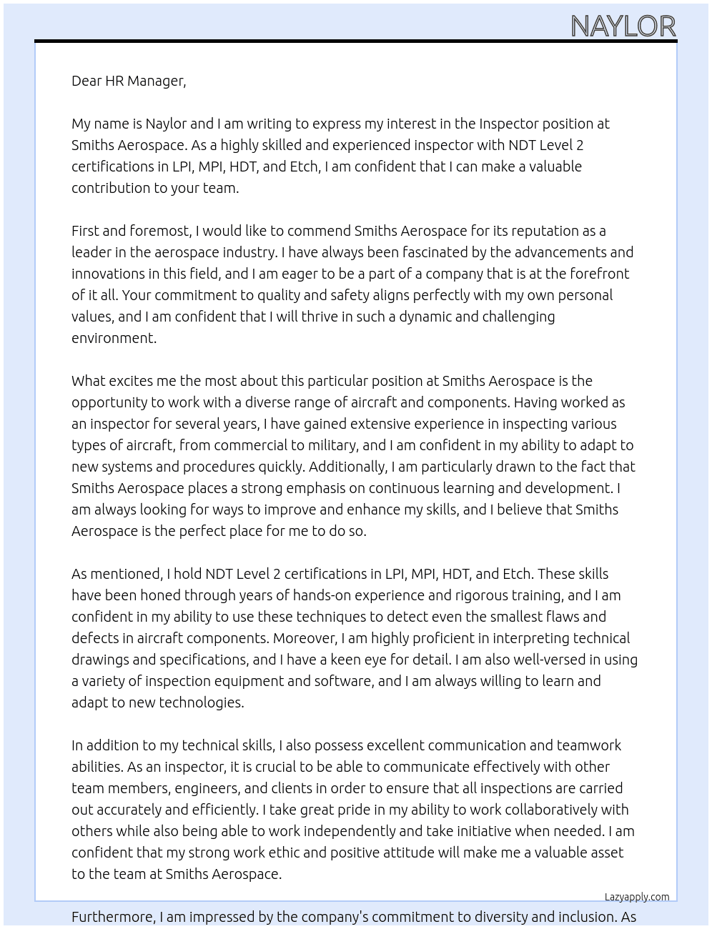 inspector At smiths aerospace Cover Letter
