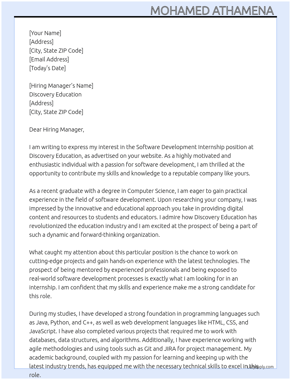 Software development internship  At DISCOVERY EDUCATION Cover Letter
