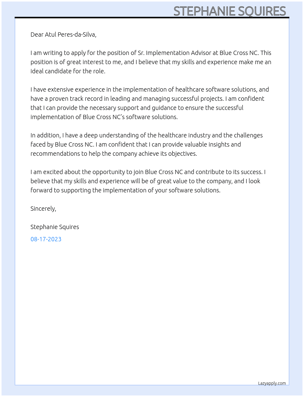 Sr. Implementation Advisor  At Blue Cross NC  Cover Letter
