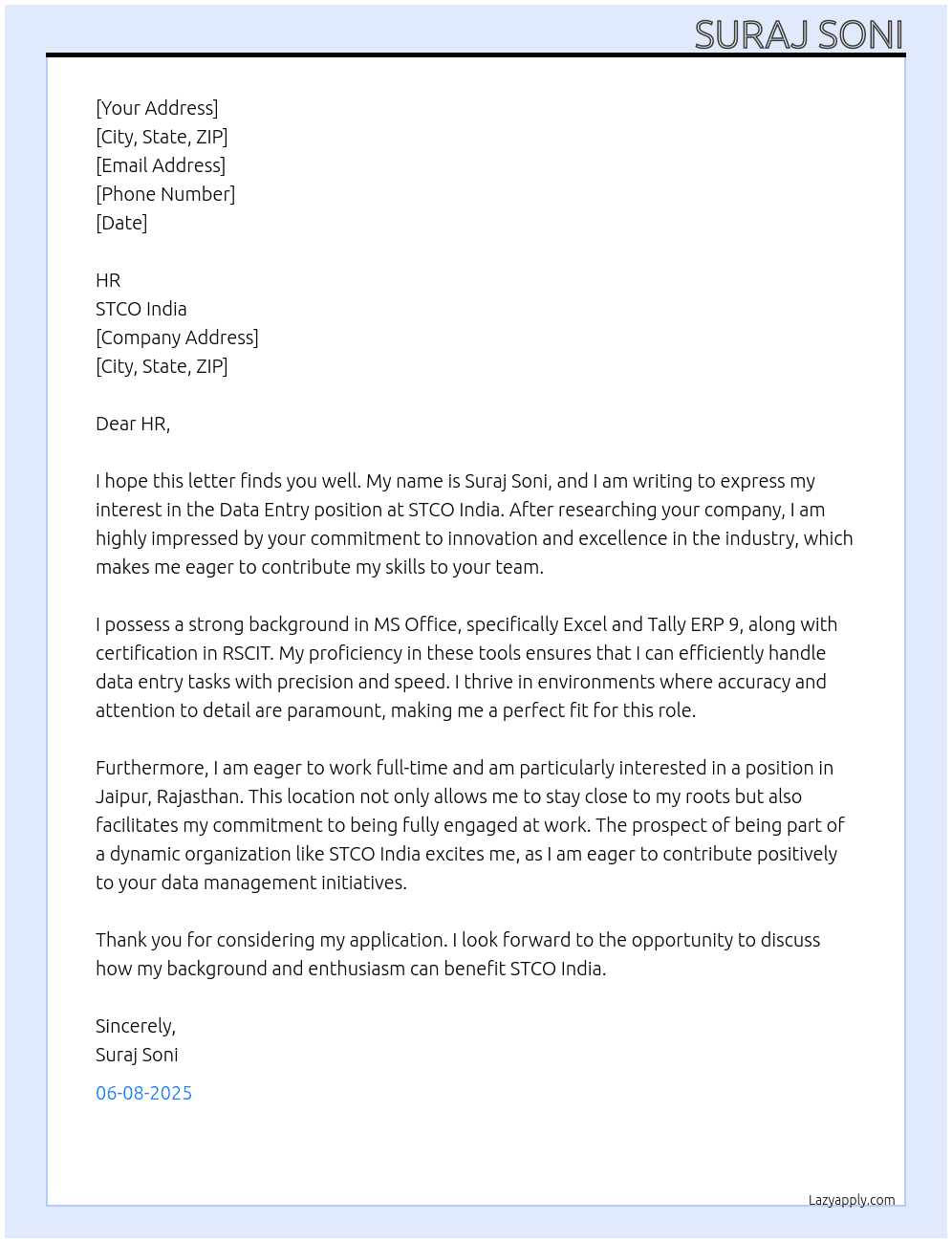 Data entry  At STCO india Cover Letter