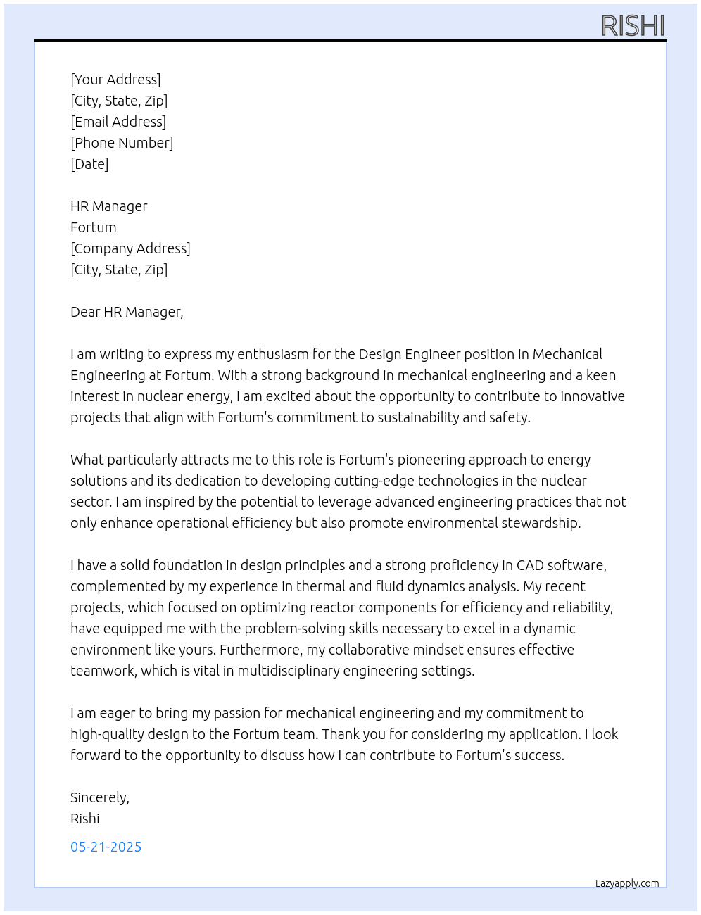 Cover letter for design engineer, mechanical engineering,nuclear plant - LazyApply