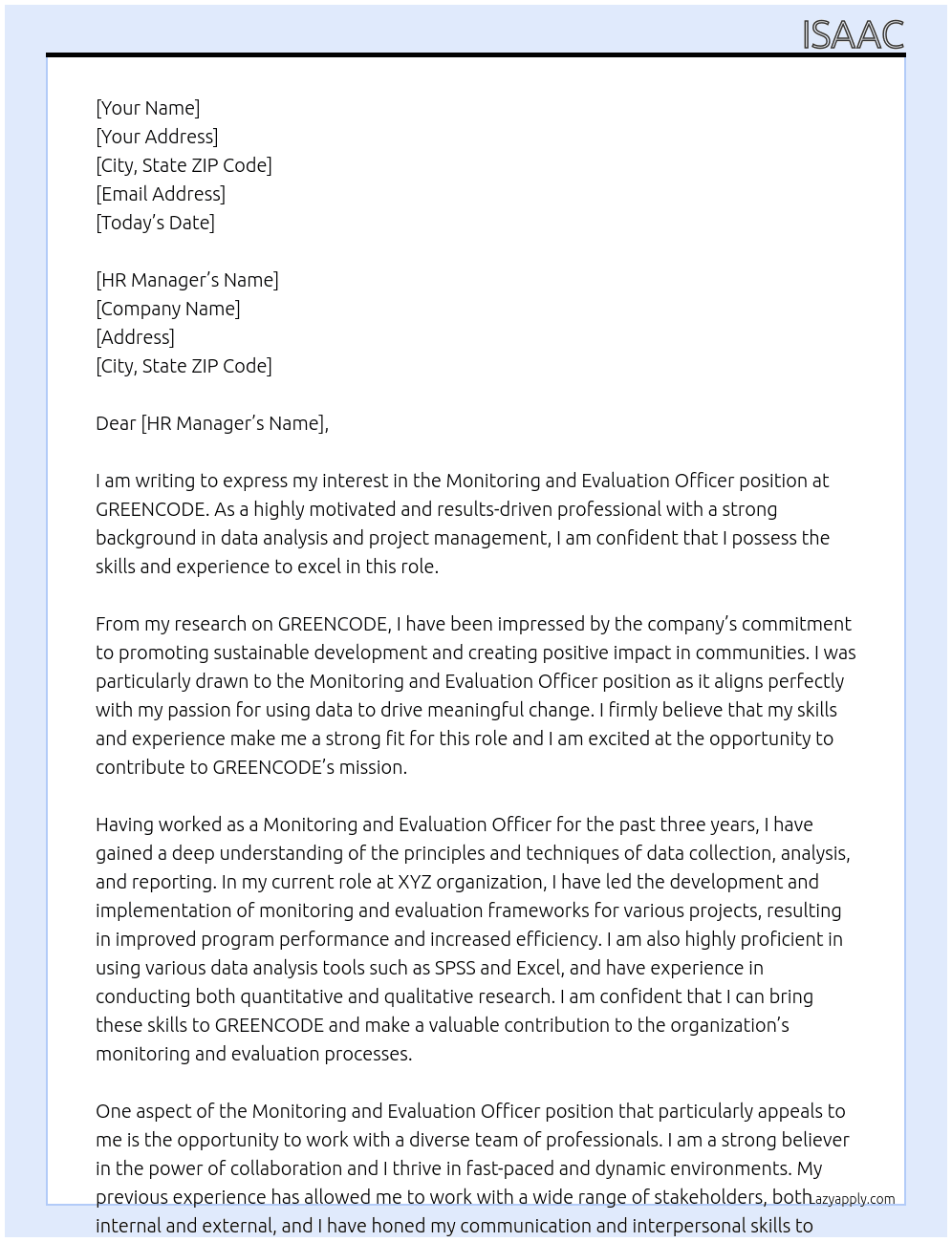 Monitoring and evaluation officer At GREENCODE Cover Letter