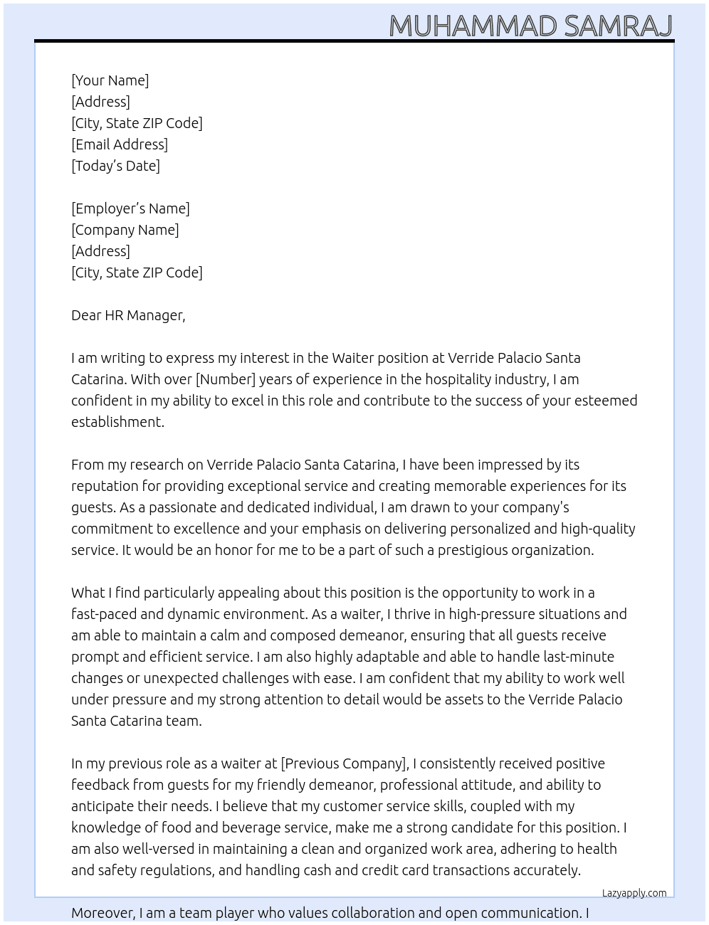 Waiter At Verride Palacio Santa Catarina Cover Letter