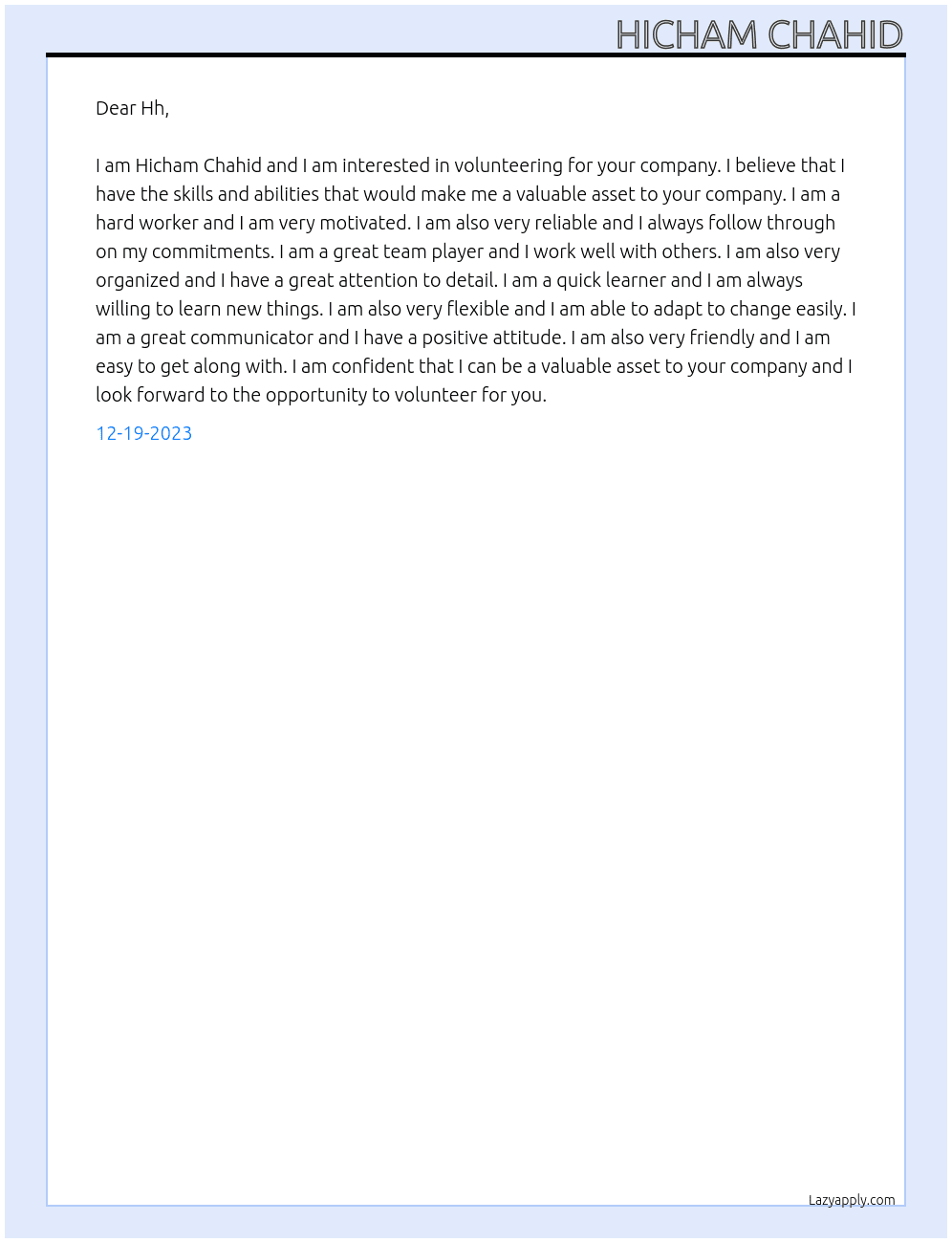 Volunteer  At Hh Cover Letter