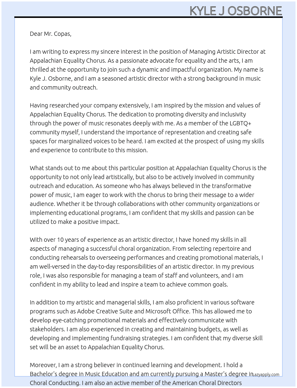 Managing Artistic Director At Appalachian Equality Chorus Cover Letter