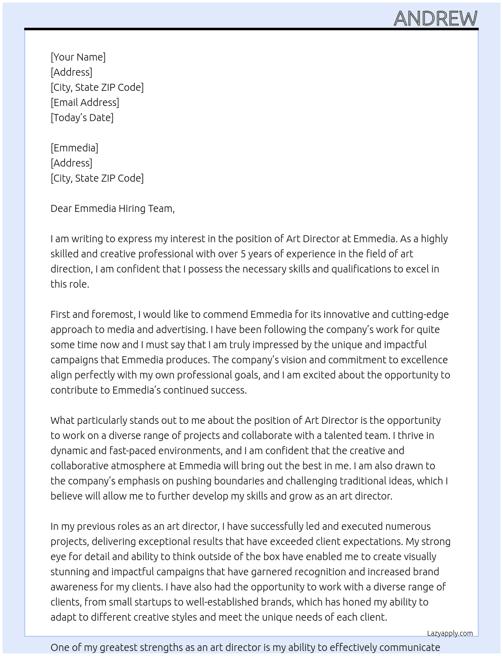art director At emmedia Cover Letter