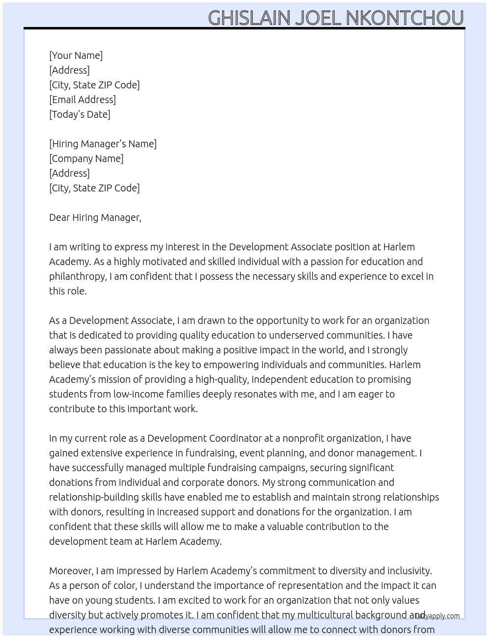 Development Associate At Harlem Academy Cover Letter