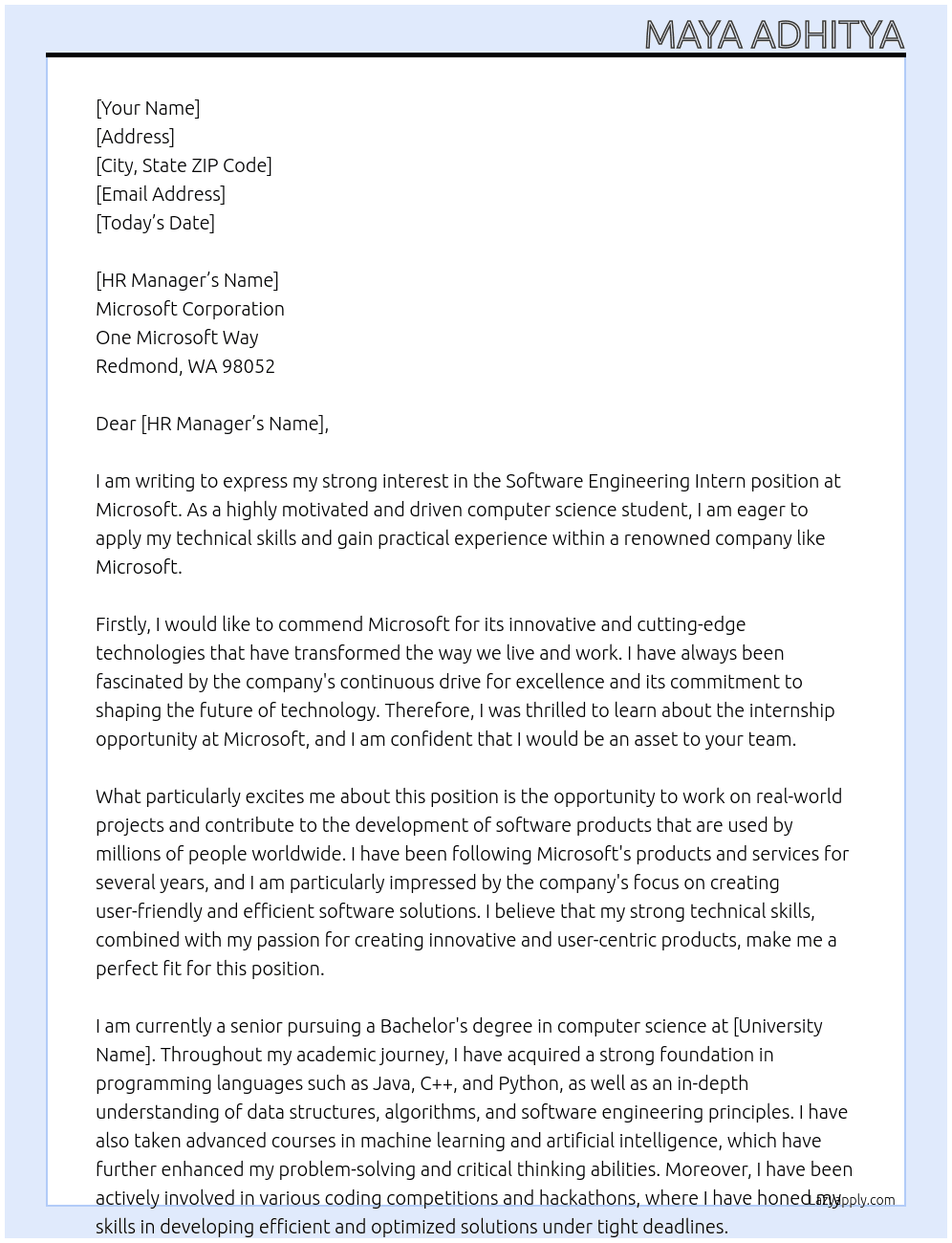 Software Engineering Intern At Currently studying Cover Letter