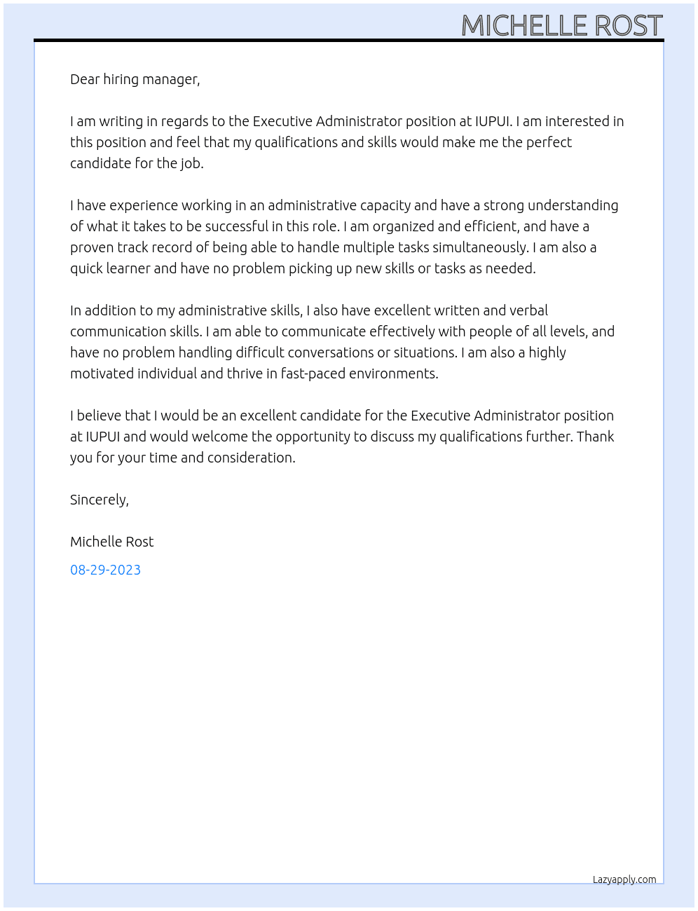 Executive Administrator At IUPUI Cover Letter