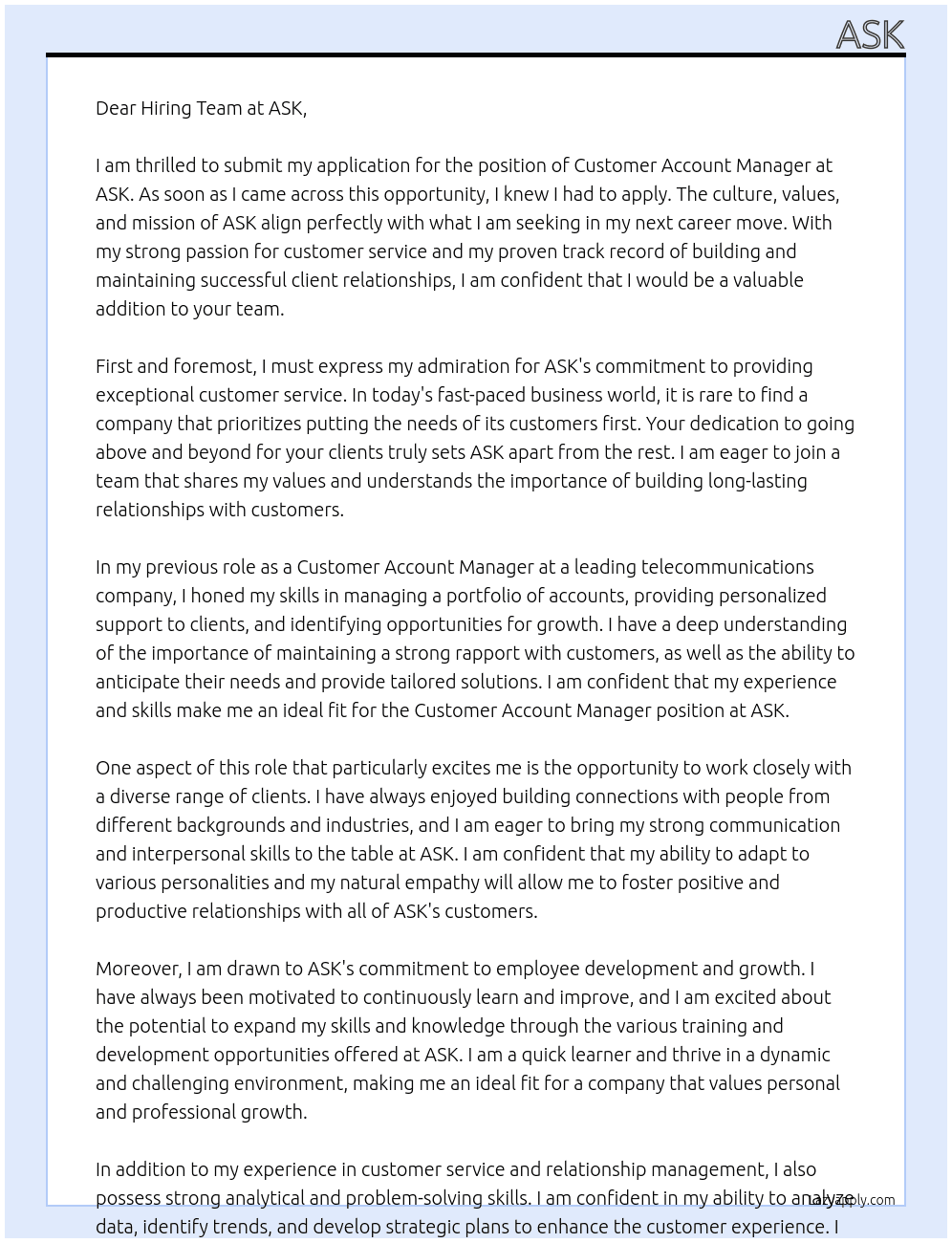 Customer Account Manager At ASK Cover Letter