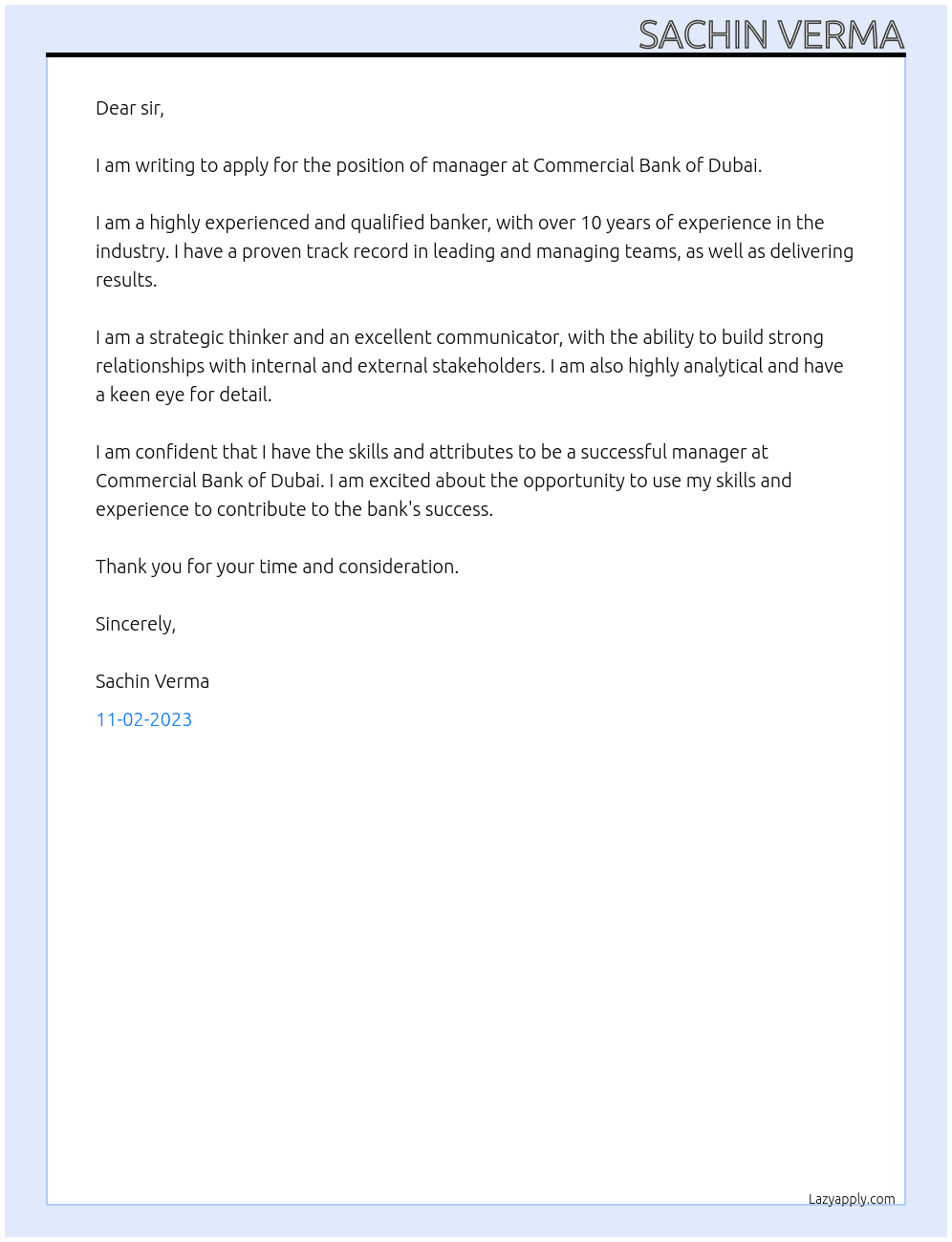 manager At Commercial bank of Dubai Cover Letter
