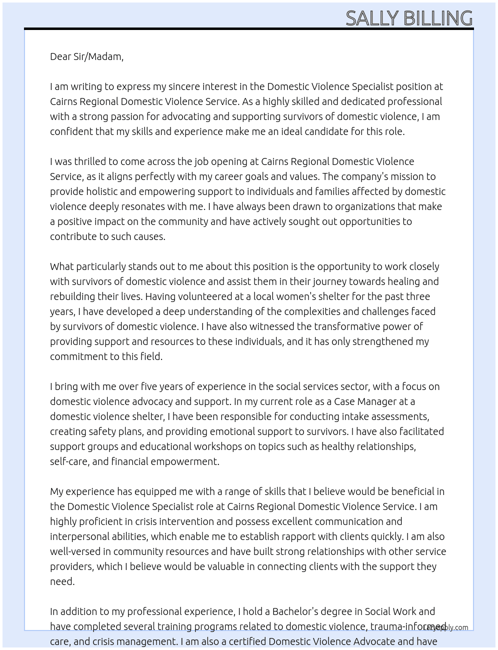 Domestic Violence Specialist At Cairns Regional Domestic Violence Service  Cover Letter