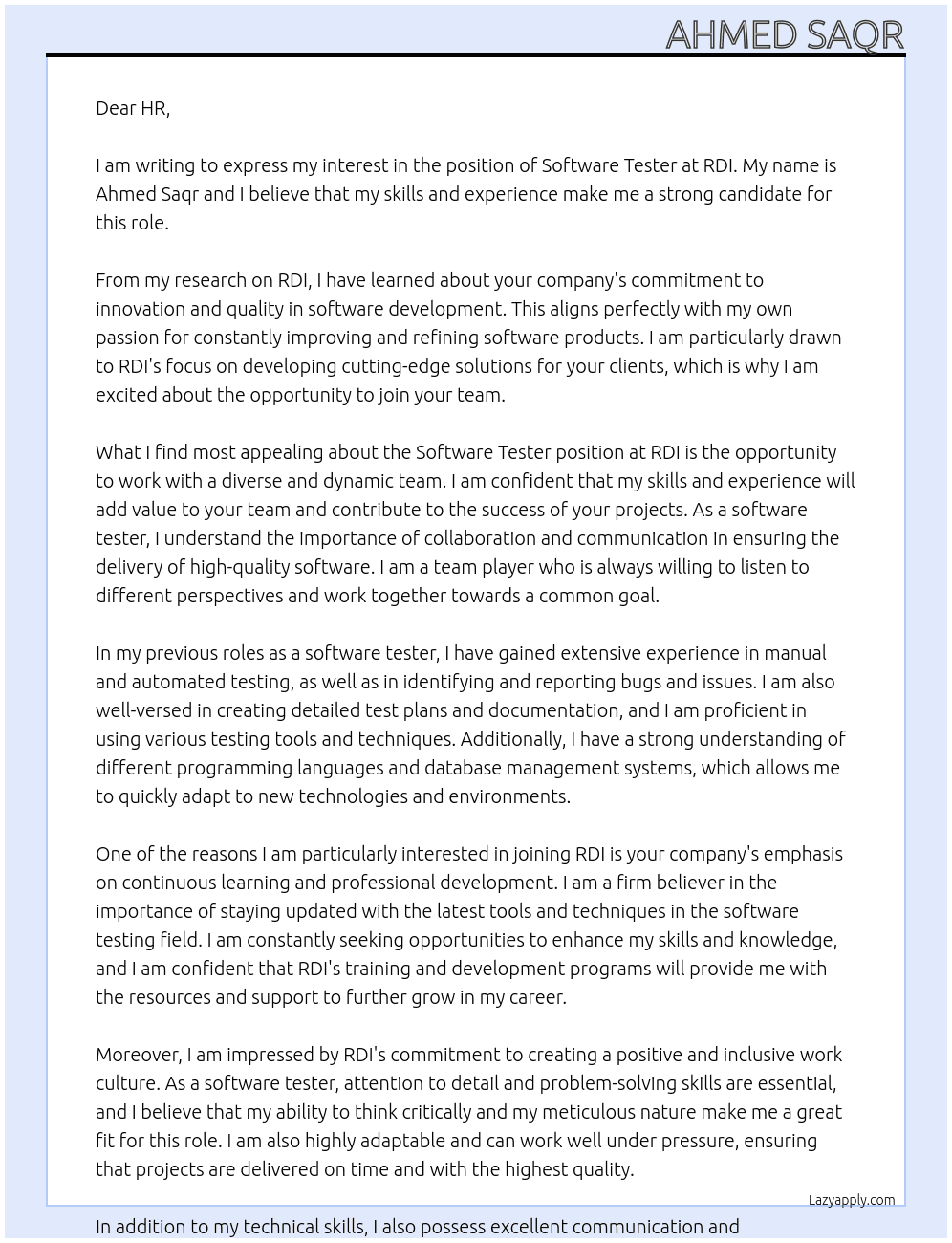 software tester At RDI Cover Letter