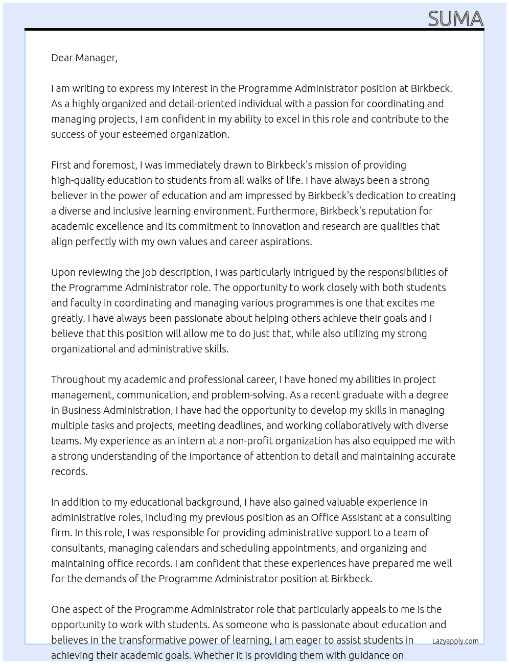 Programme administrator  At Birkbeck Cover Letter