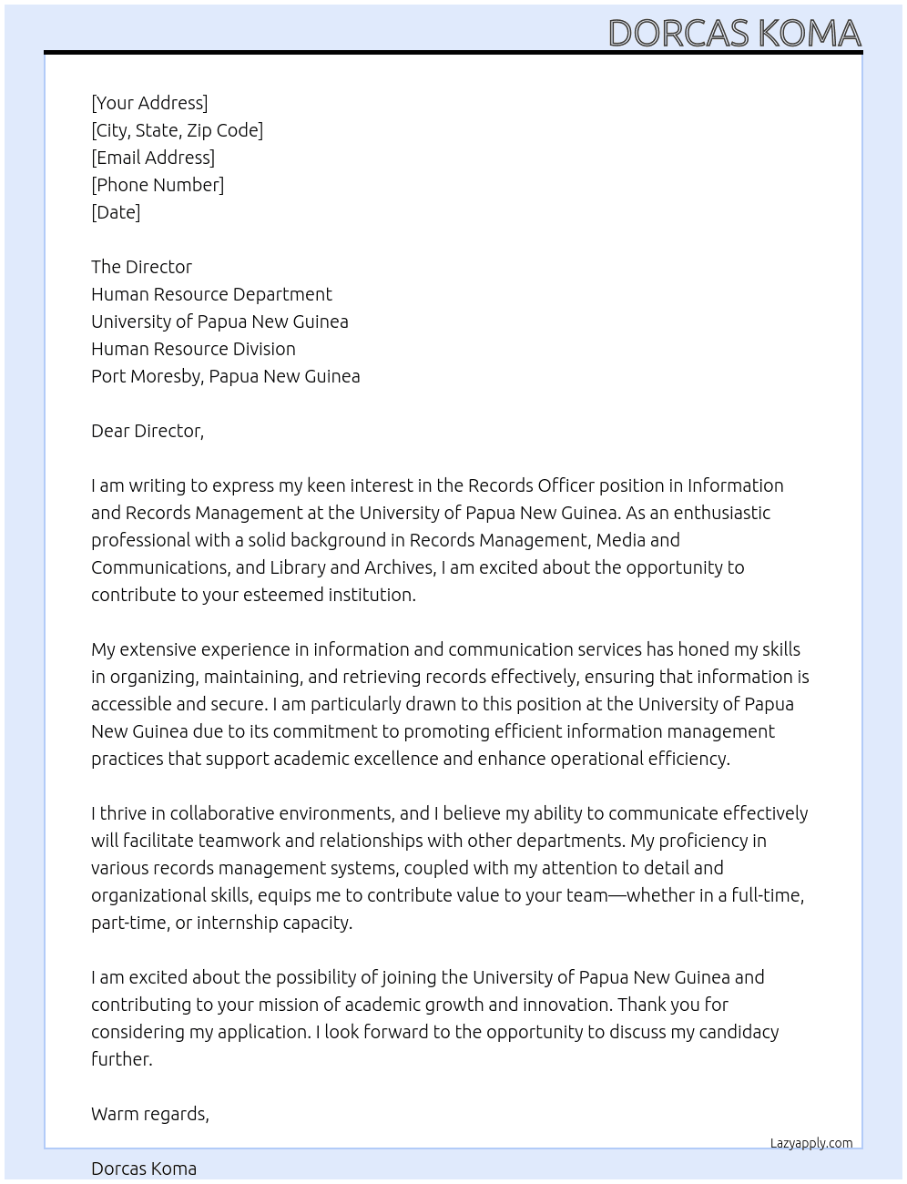 Cover letter for records officer- information and records management - LazyApply