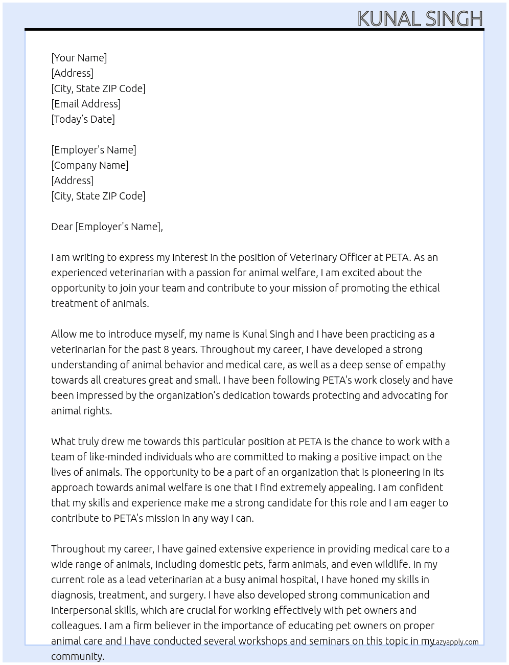 veterinary officer At Peta  Cover Letter