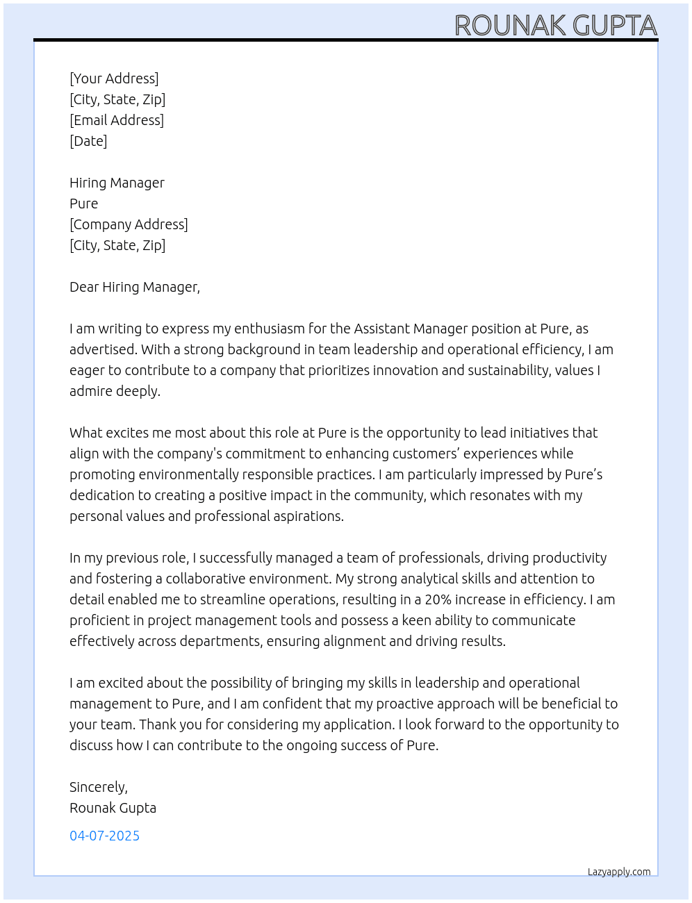 Assistant Manager At Pure Cover Letter