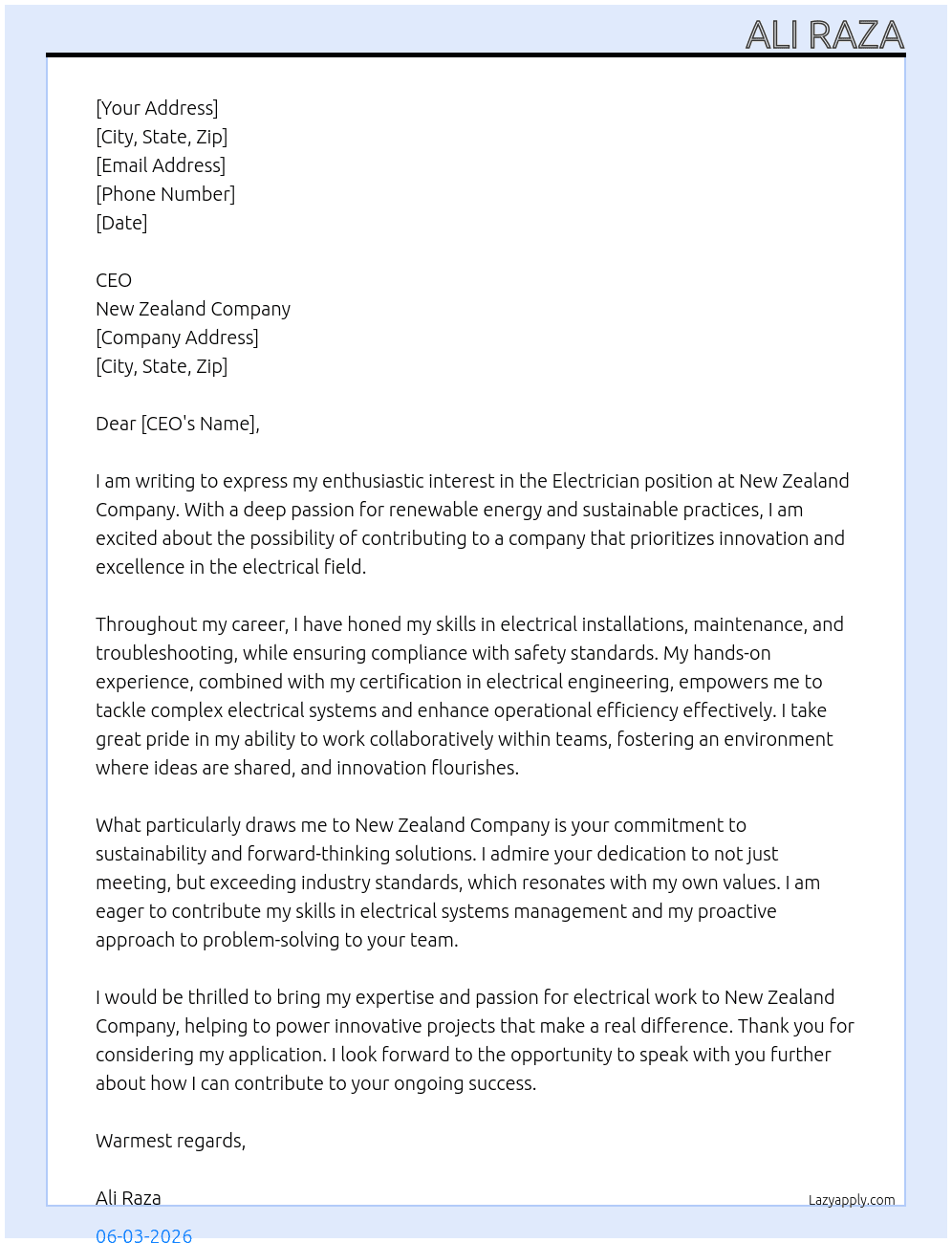 Electraion At New Zealand company  Cover Letter