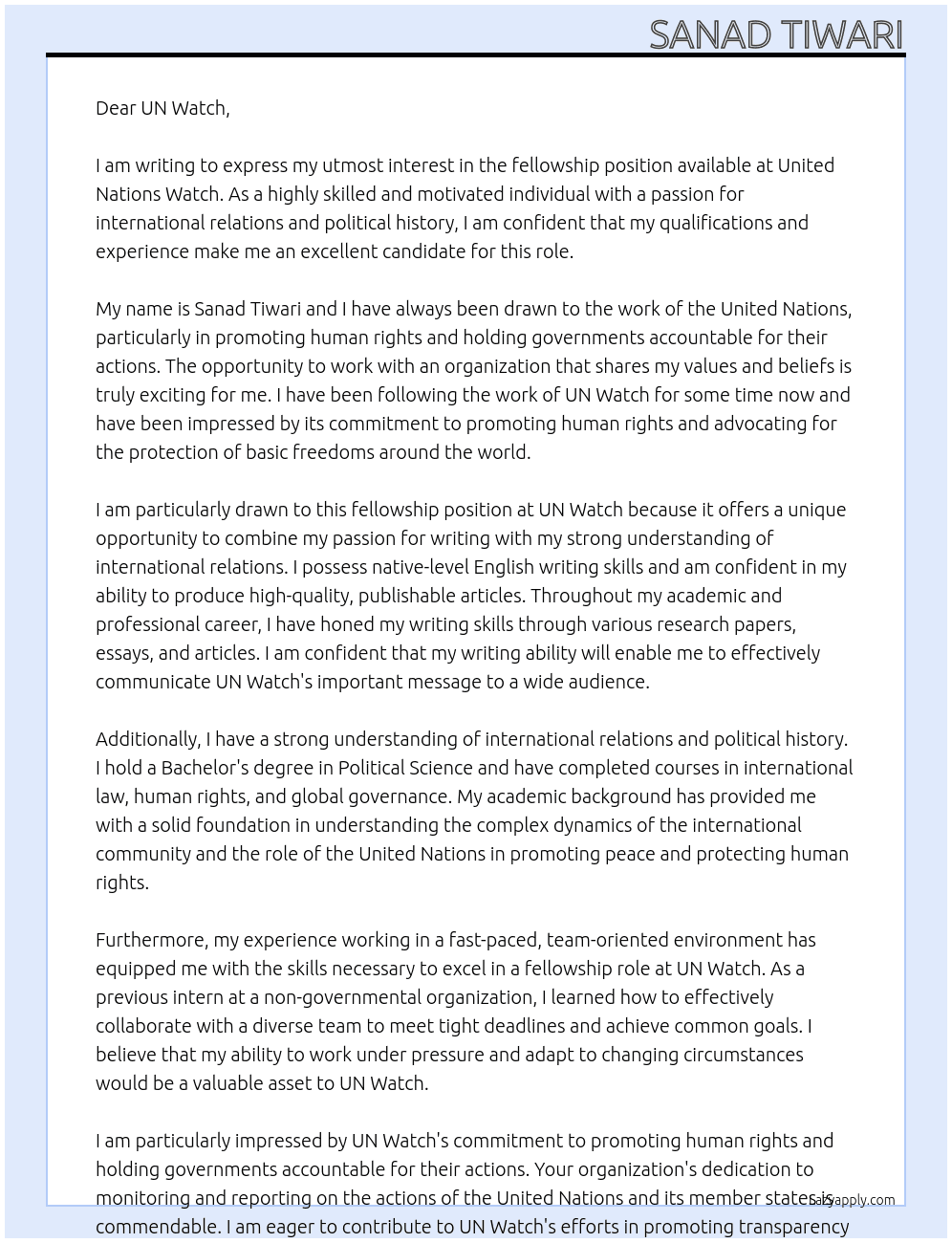 fellowship At United Nation Watch Cover Letter