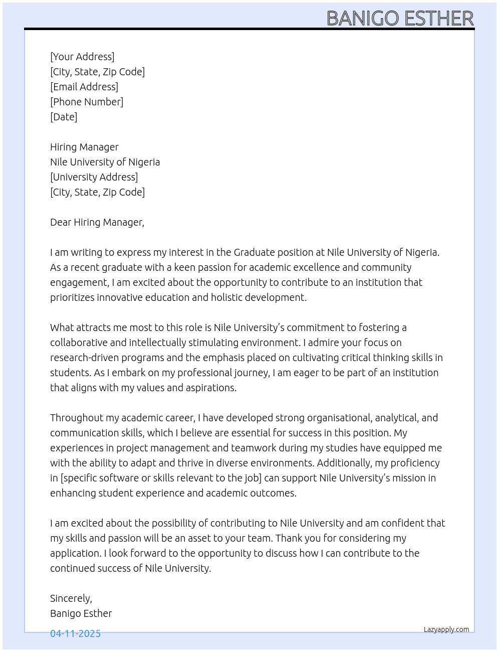 Graduate job At Nile university Cover Letter